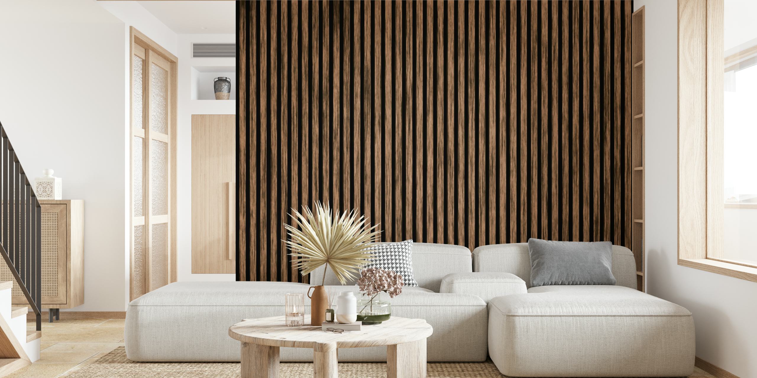 Timber-striped wallpaper in warm tones of brown and black