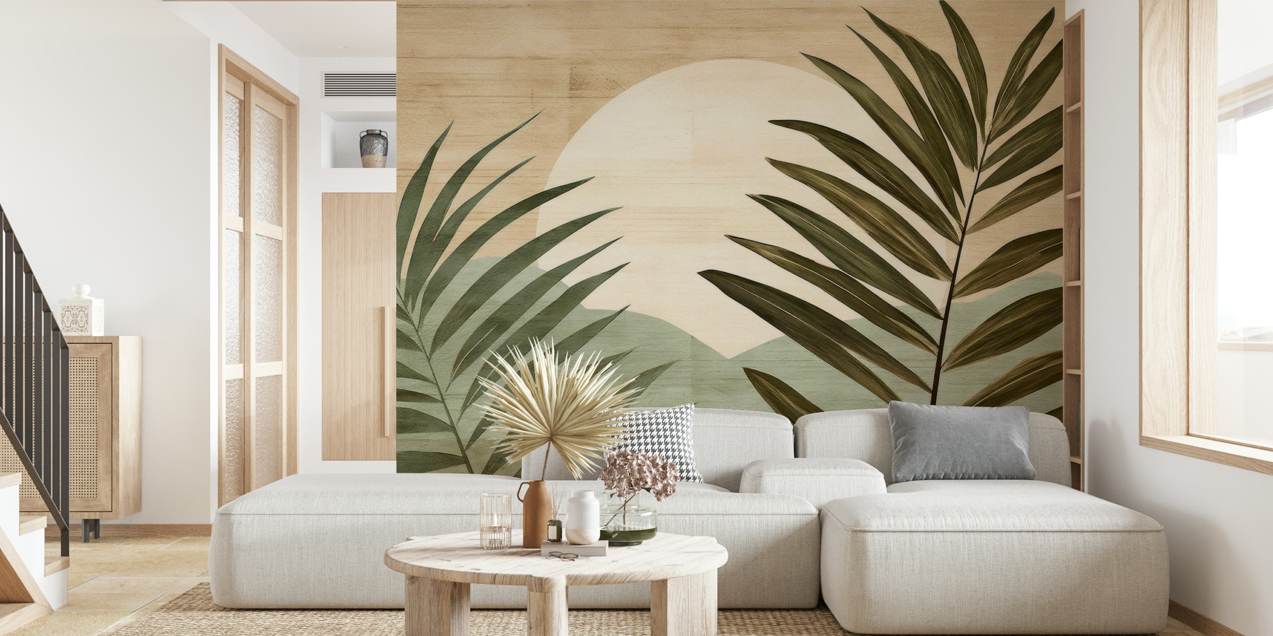 Warm Palms Panorama wallpaper displayed in a room
