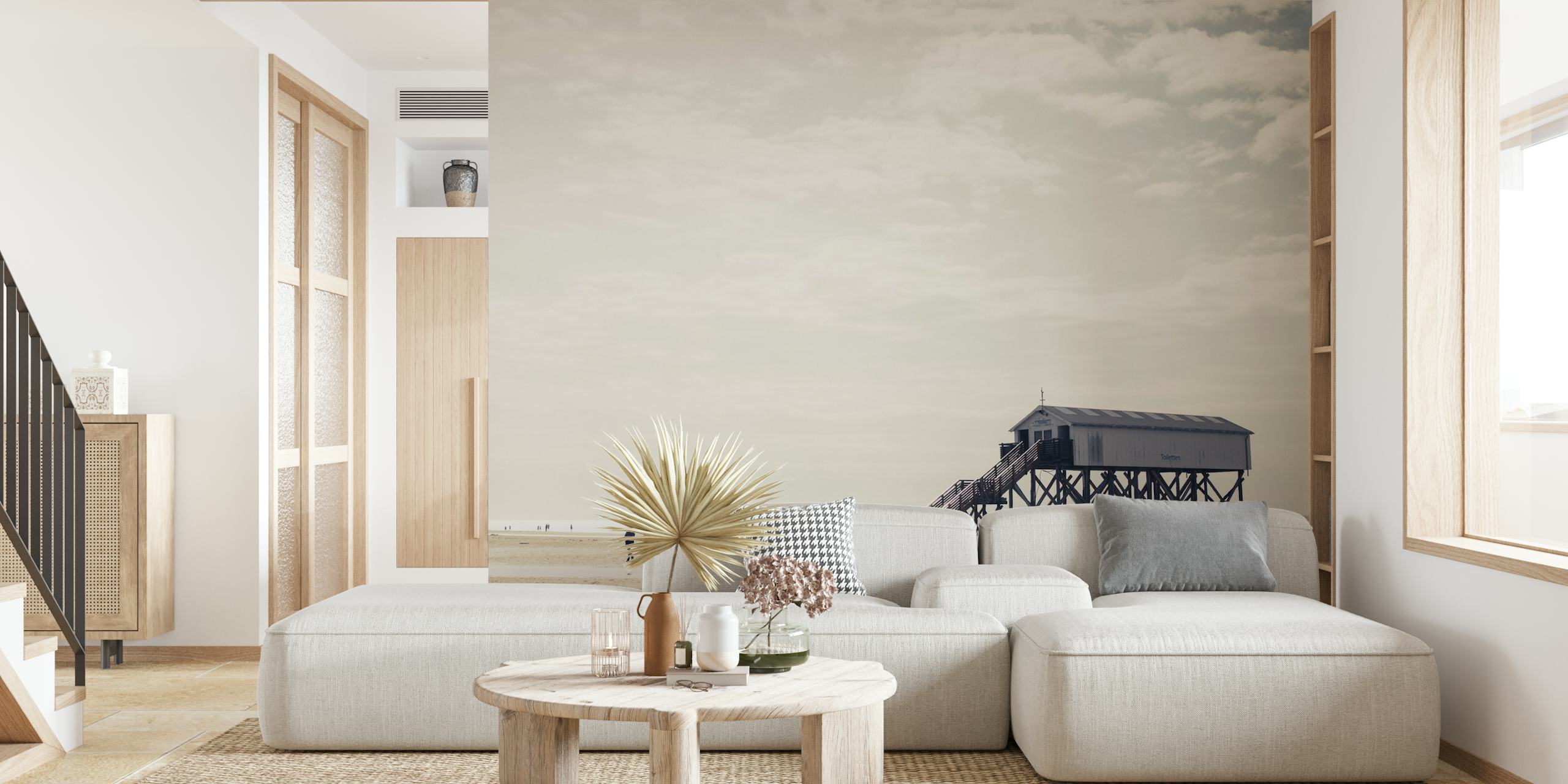 Serene beach scene wall mural with beach house and distant figures
