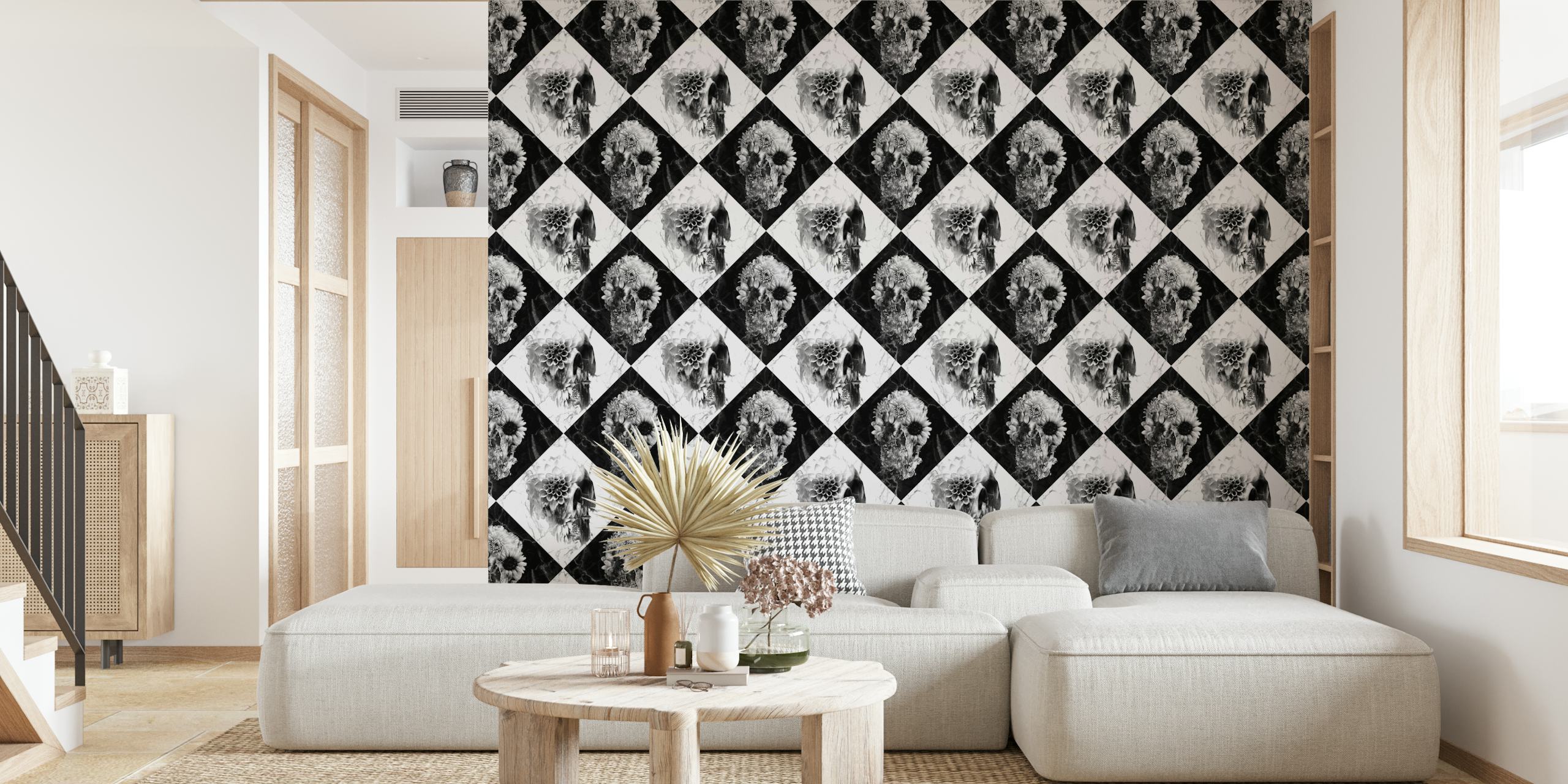 Black and white checker pattern with skull motifs wallpaper