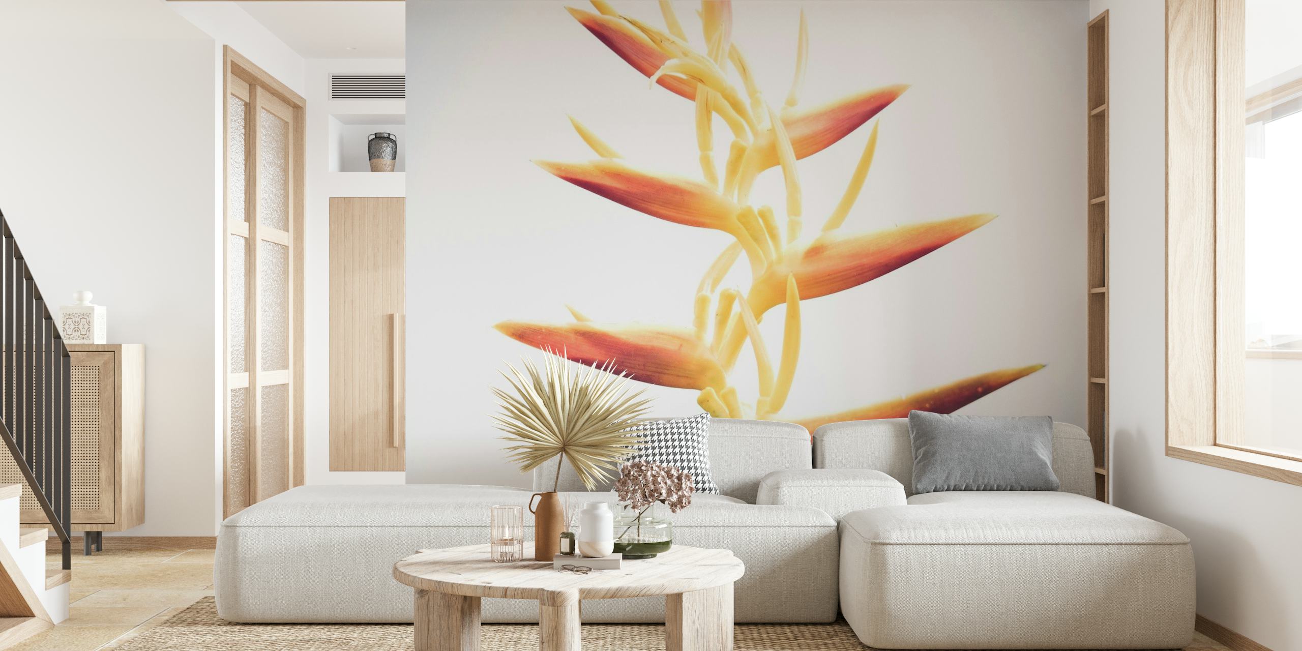 Heliconia flower wall mural with orange and yellow tones on a white background