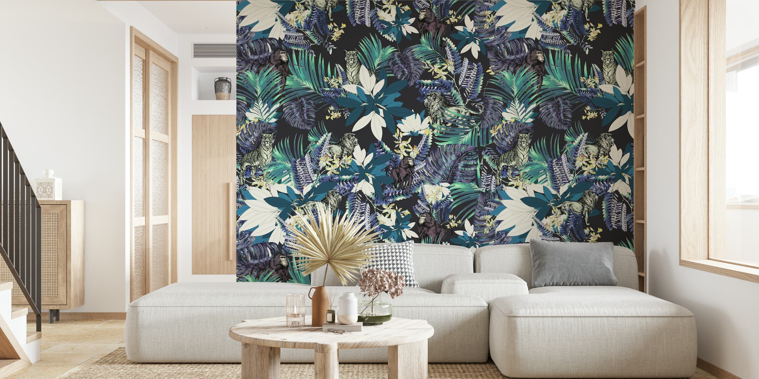Tropical floral jungle design with tigers and ferns in dark colors wallpaper