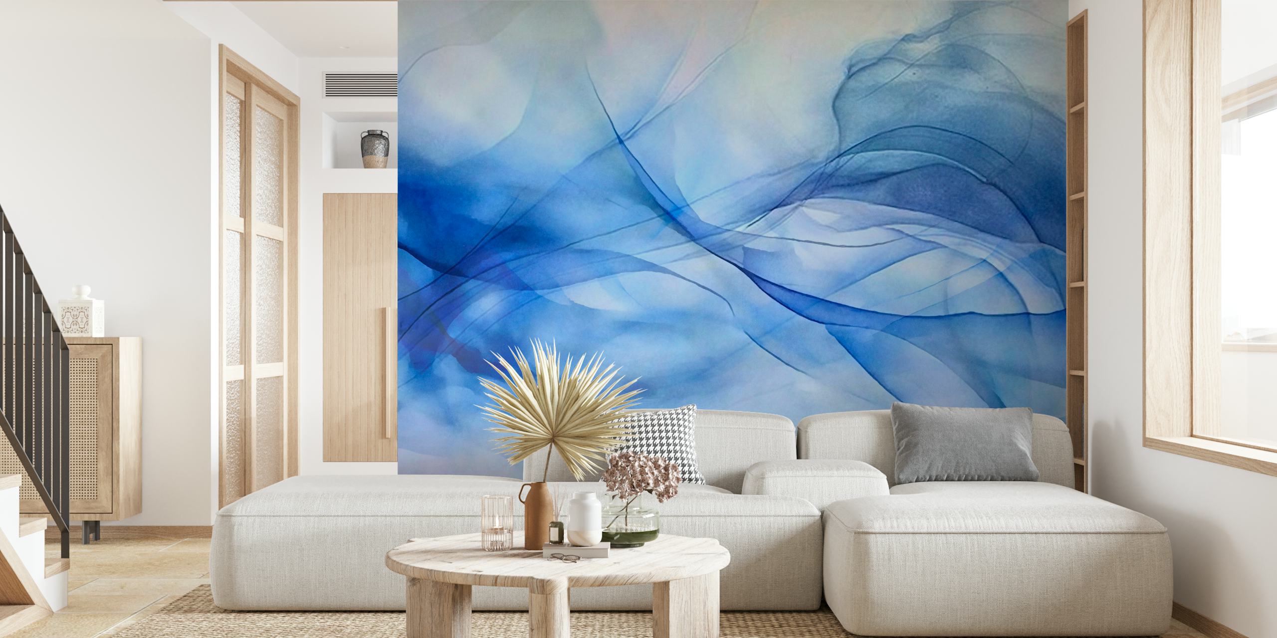 Abstract soft blue watercolor wallpaper with flowing lines