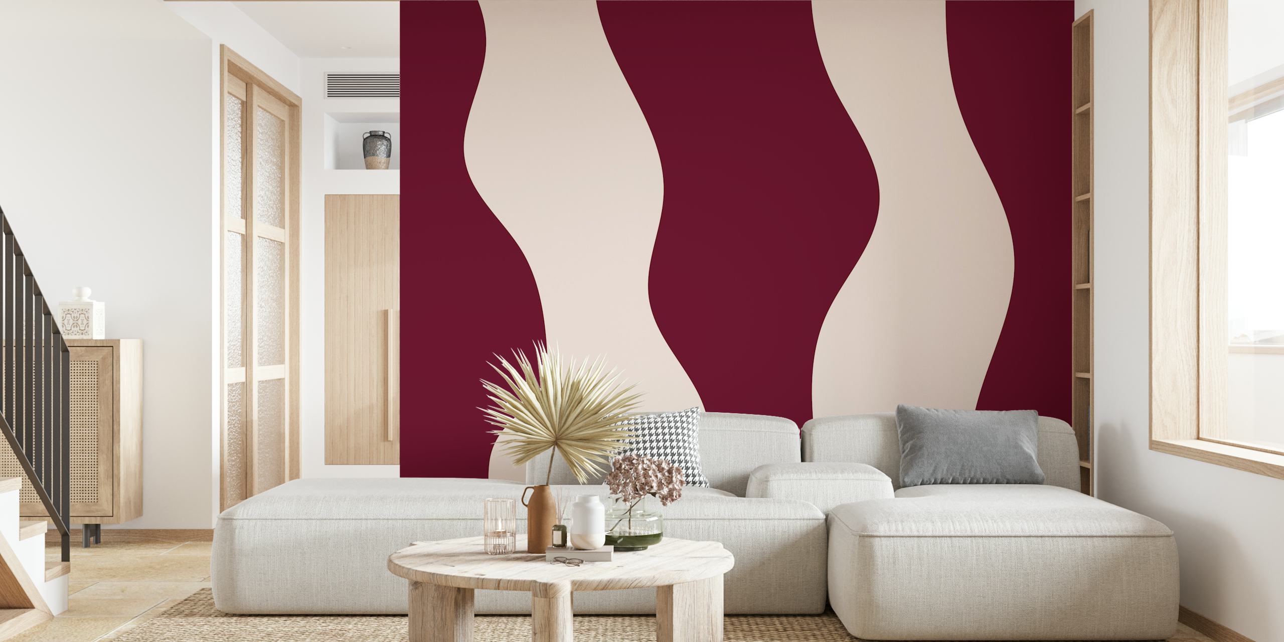Abstract Burgundy Flow wallpaper design in a room