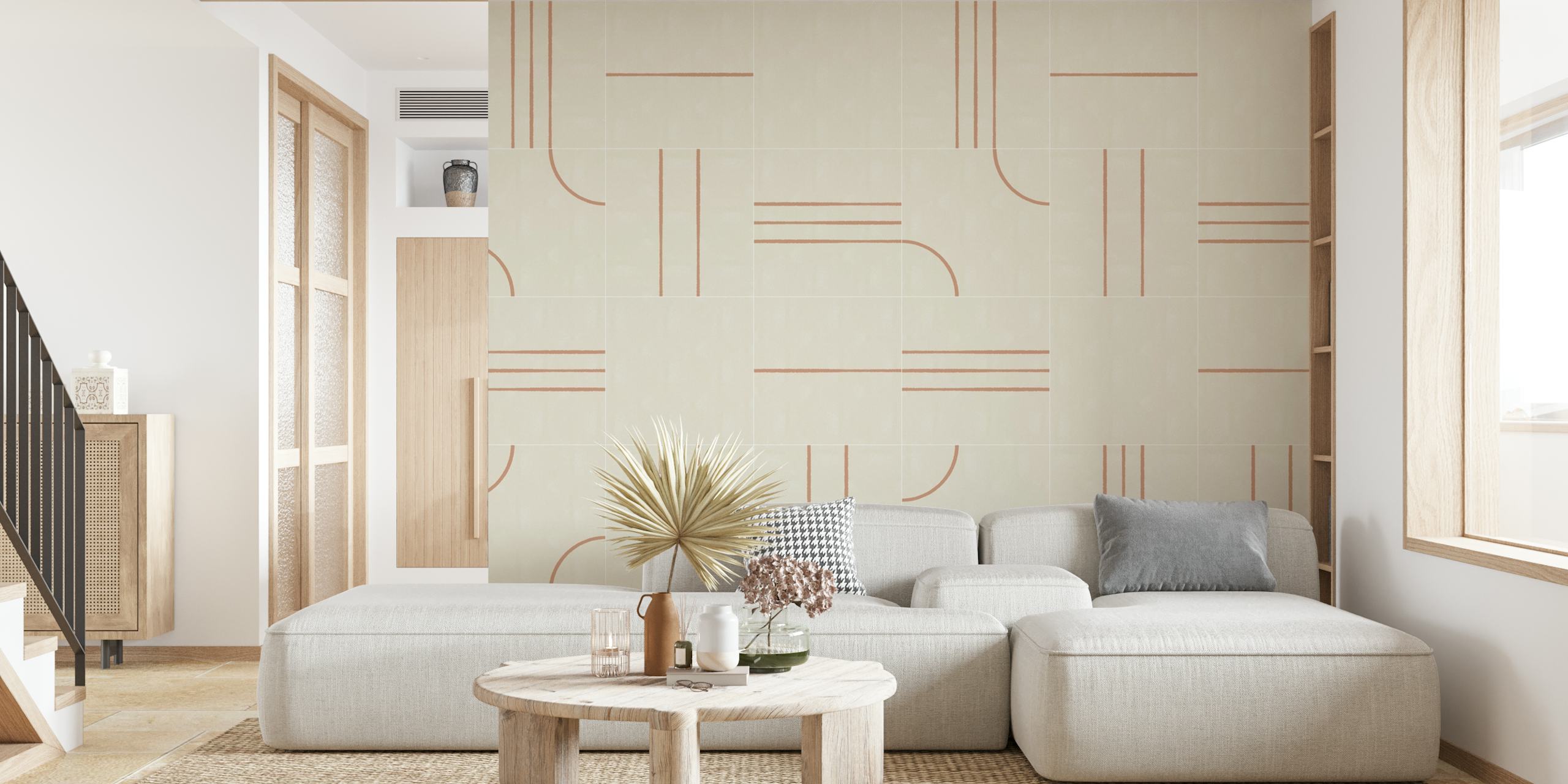 Beige wall mural with minimalist geometric tile pattern design