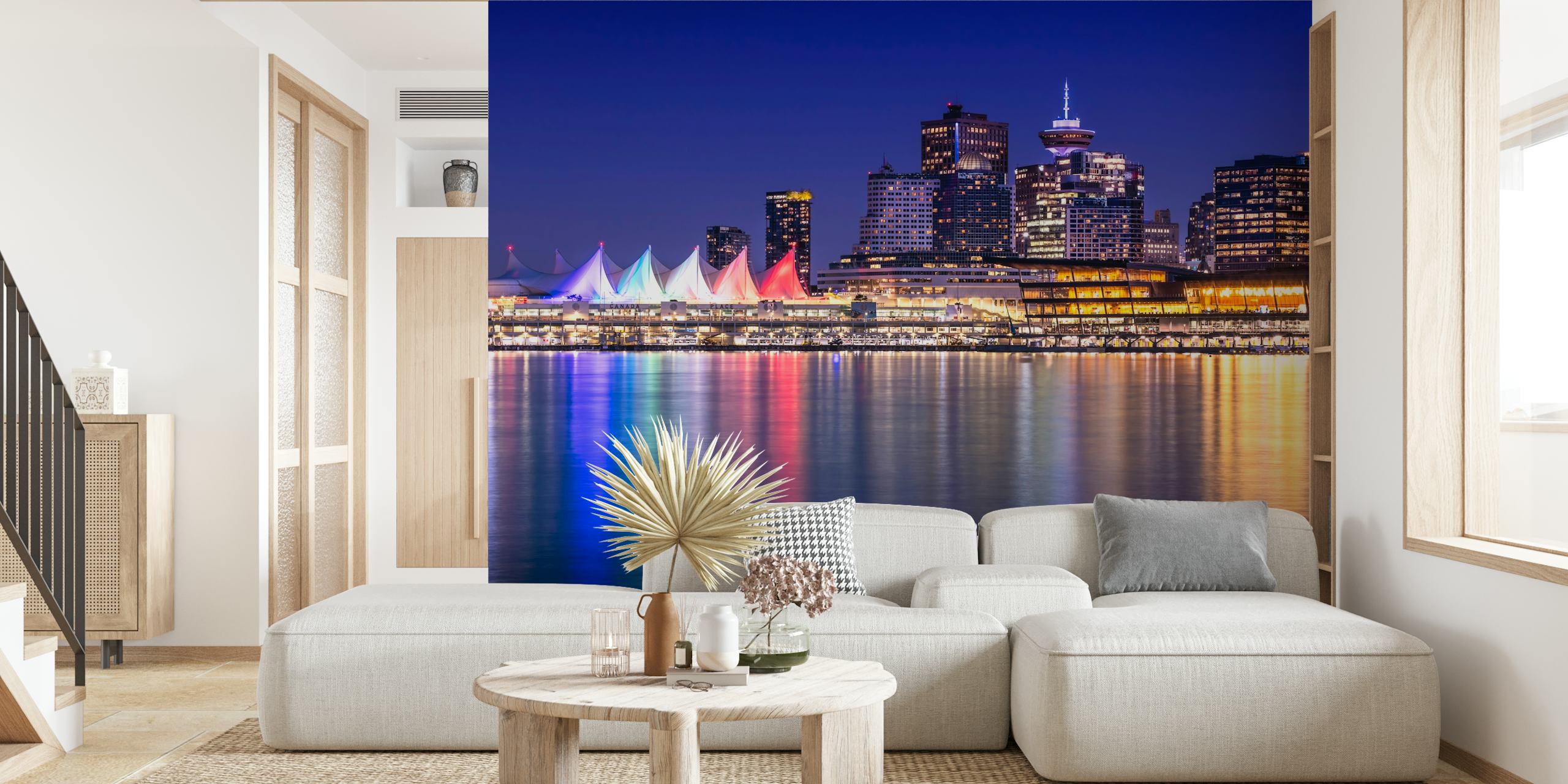 Vancouver city skyline at night with colorful lights reflecting on water wallpaper