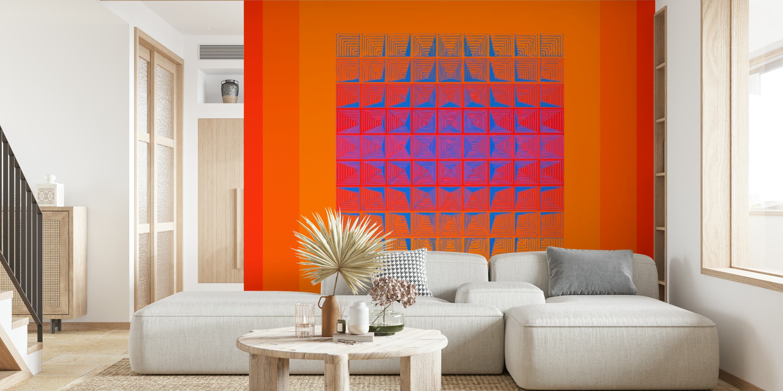 Retro geometric wallpaper in a living room