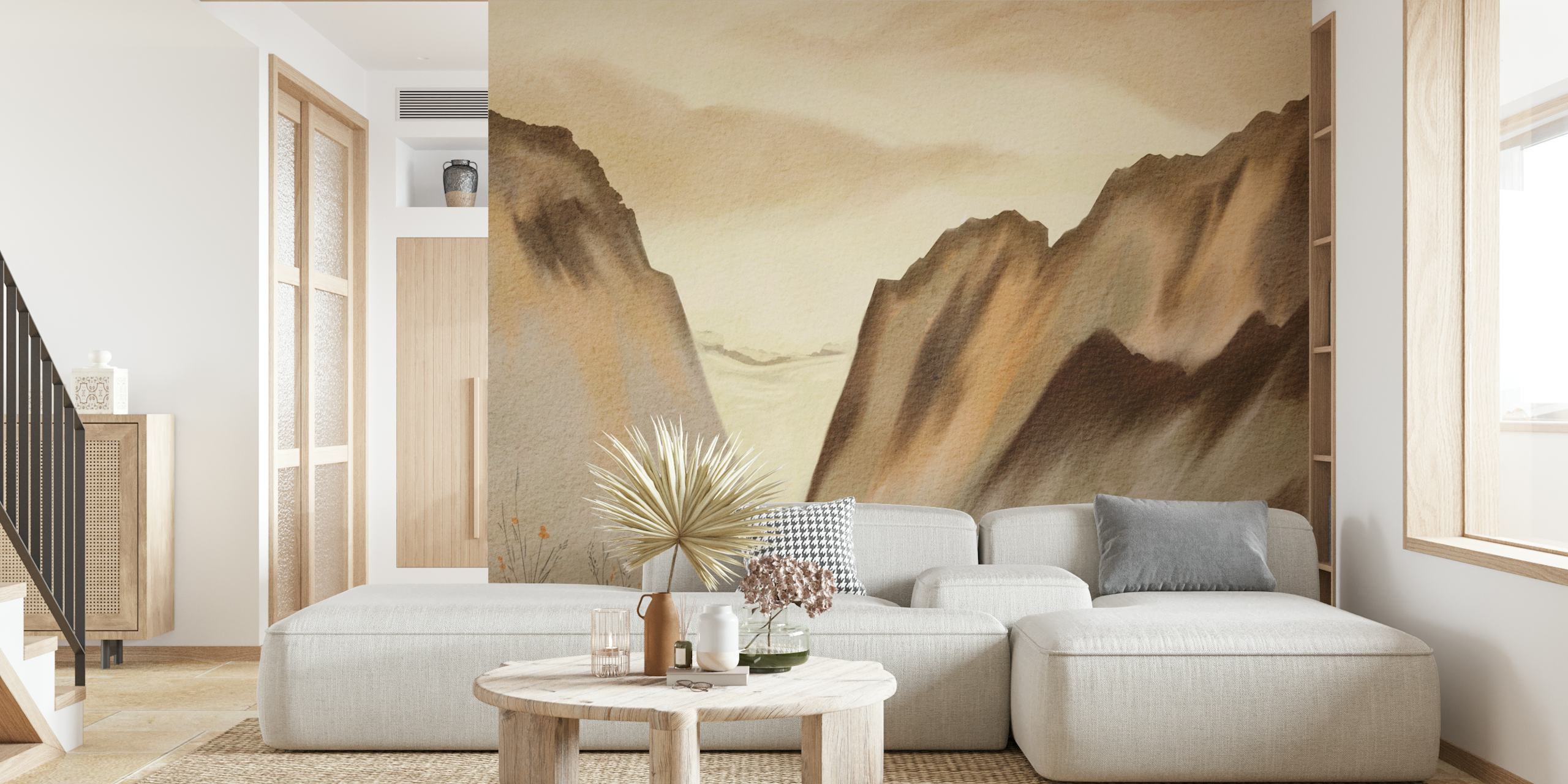Watercolor mountain landscape with soft browns and greens wallpaper