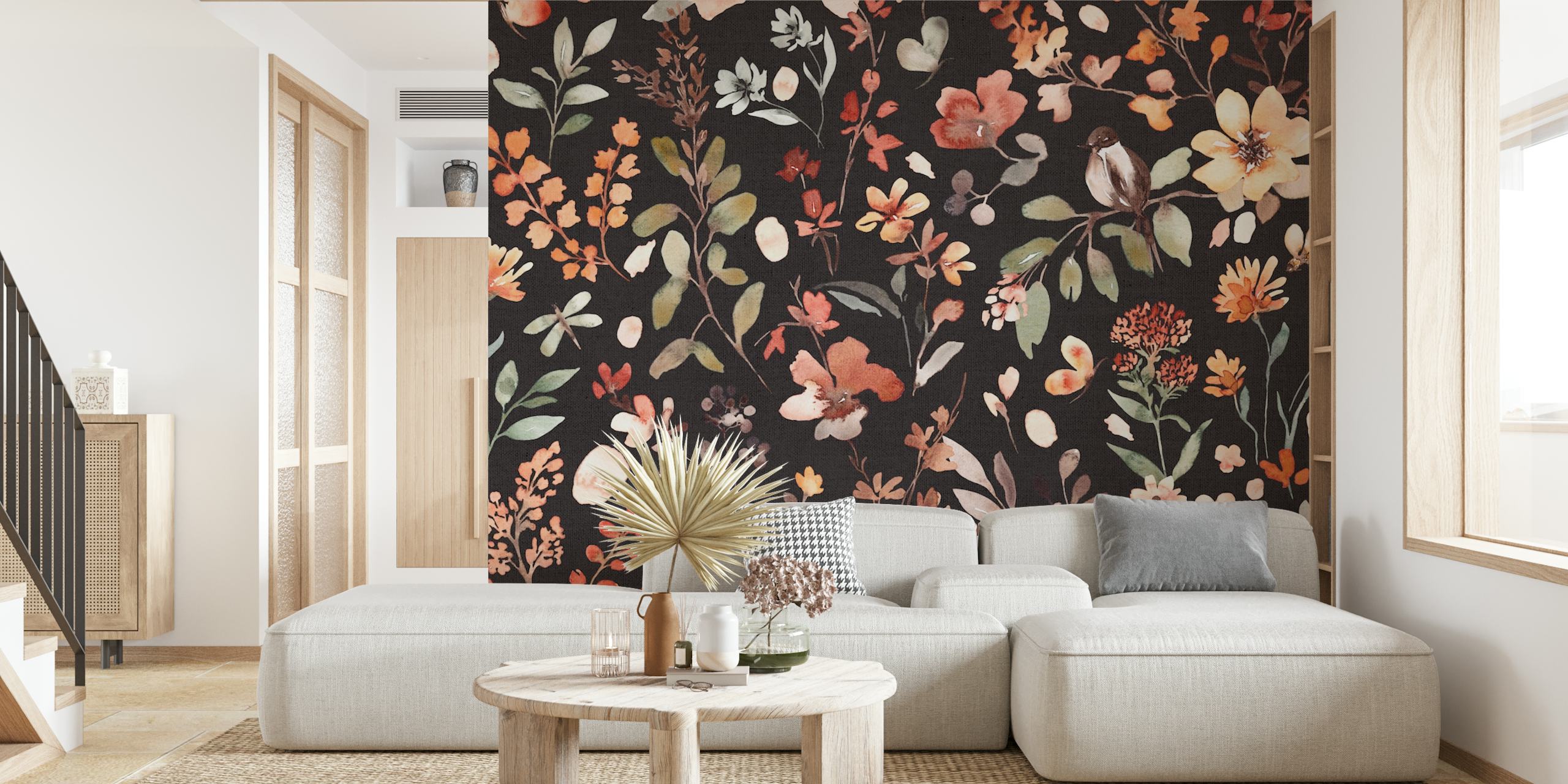 Colorful floral patterns on black wallpaper, watercolor style