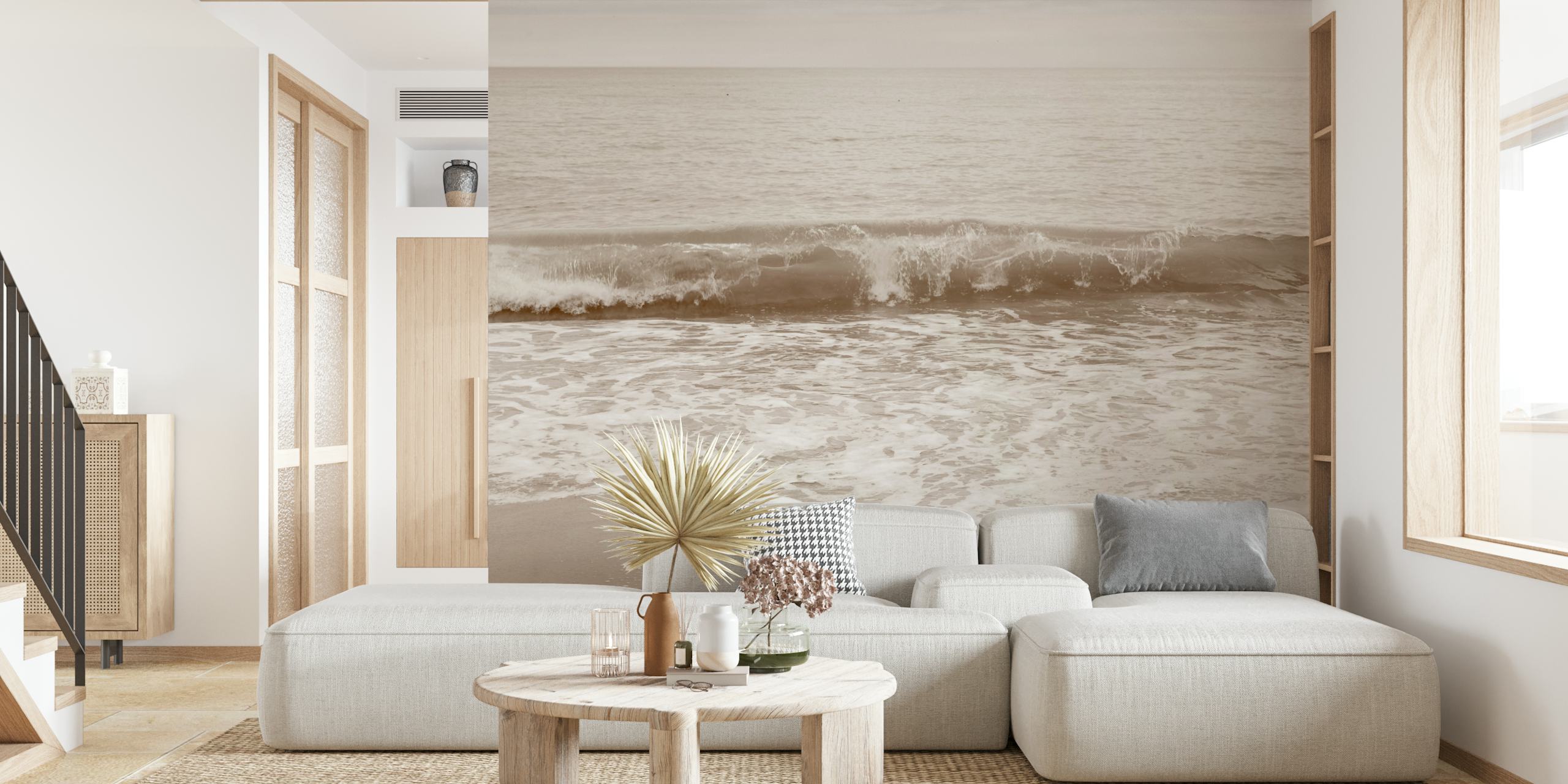 Soft beige wallpaper featuring ocean waves and shoreline