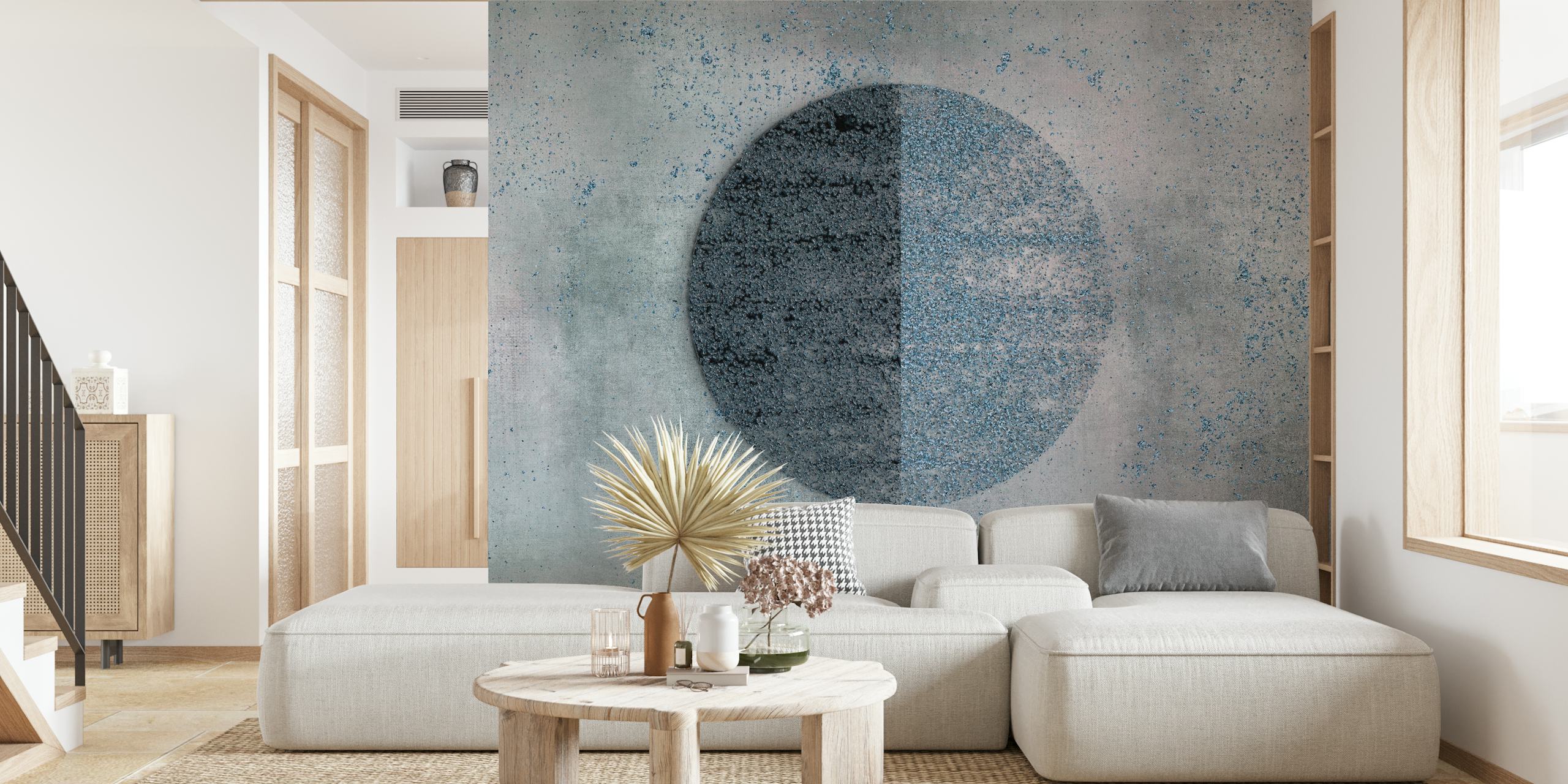 Blue circular pattern with textured grey background wallpaper