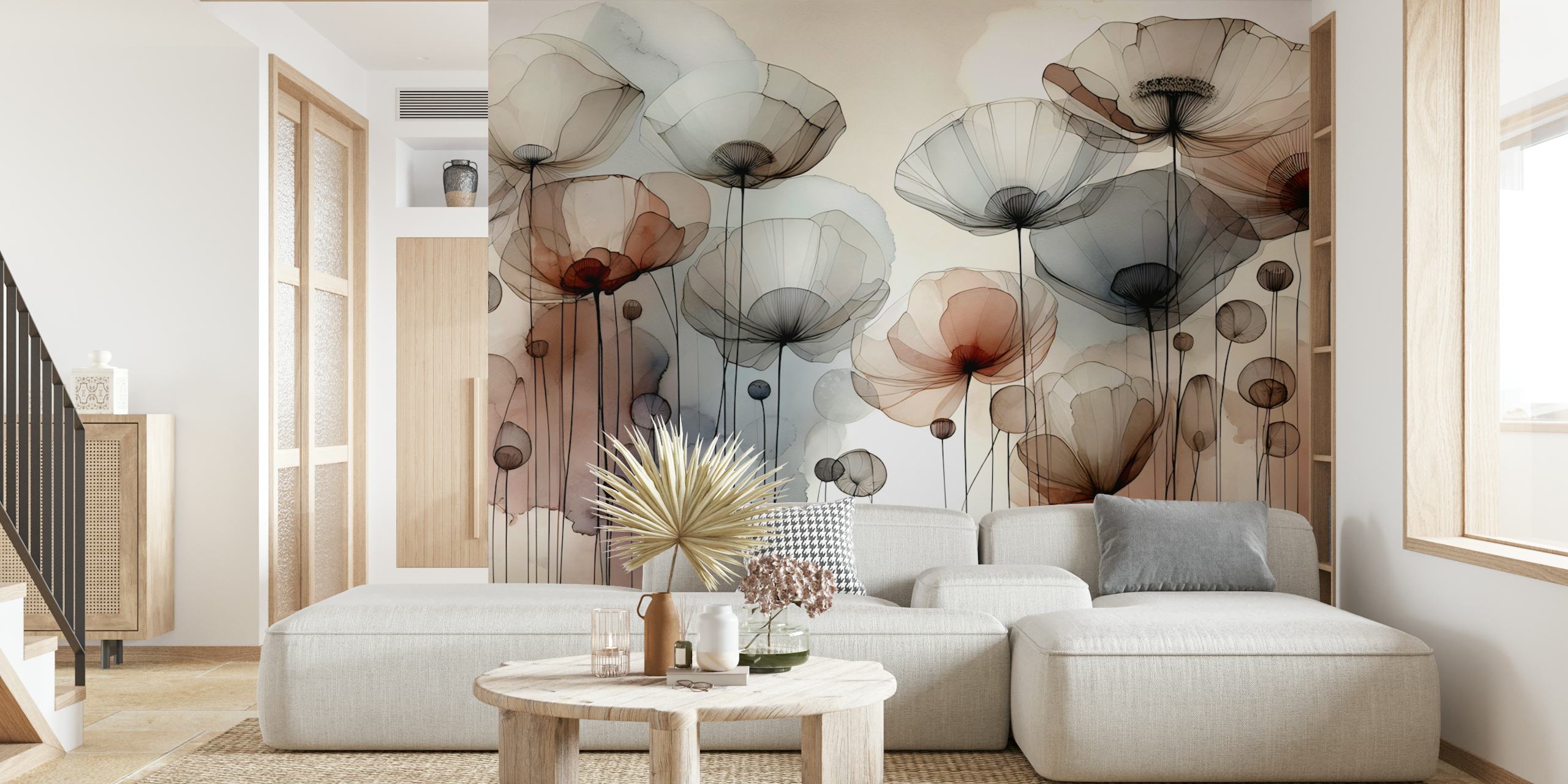 Ethereal floral design with soft pink and gray abstract flowers wallpaper