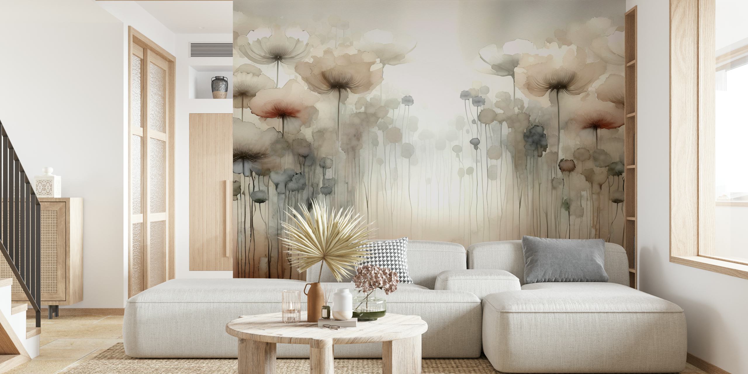 Delicate watercolor floral wallpaper in soft beige and grey tones