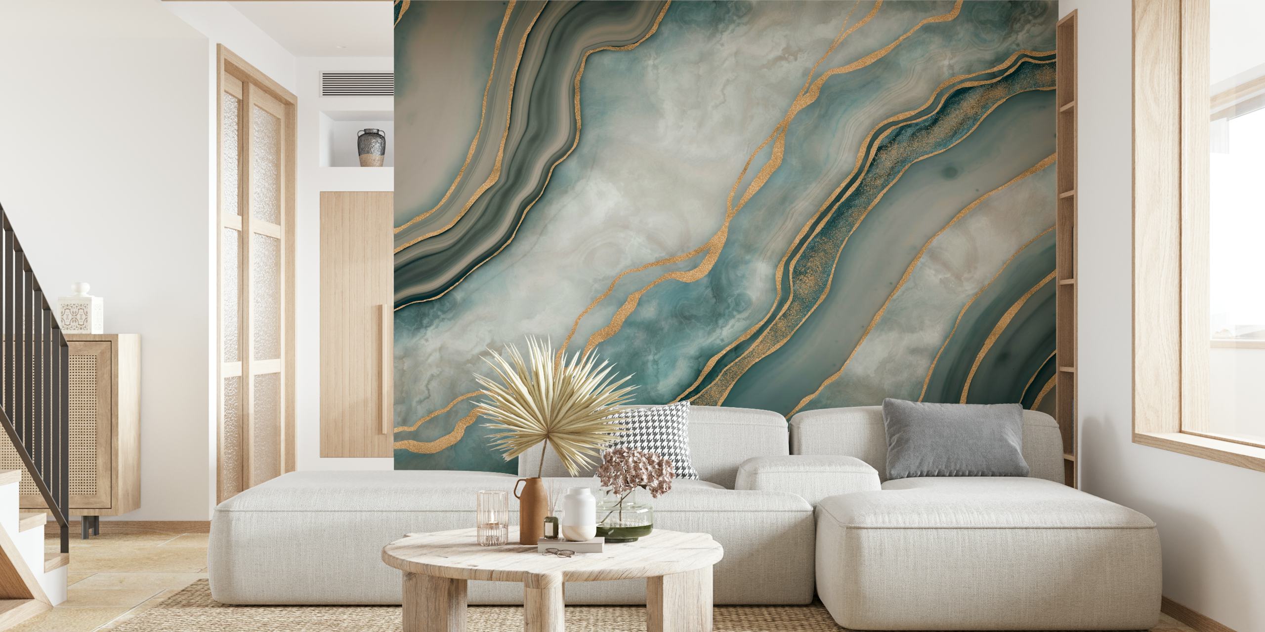 Teal and gold marbled wallpaper design