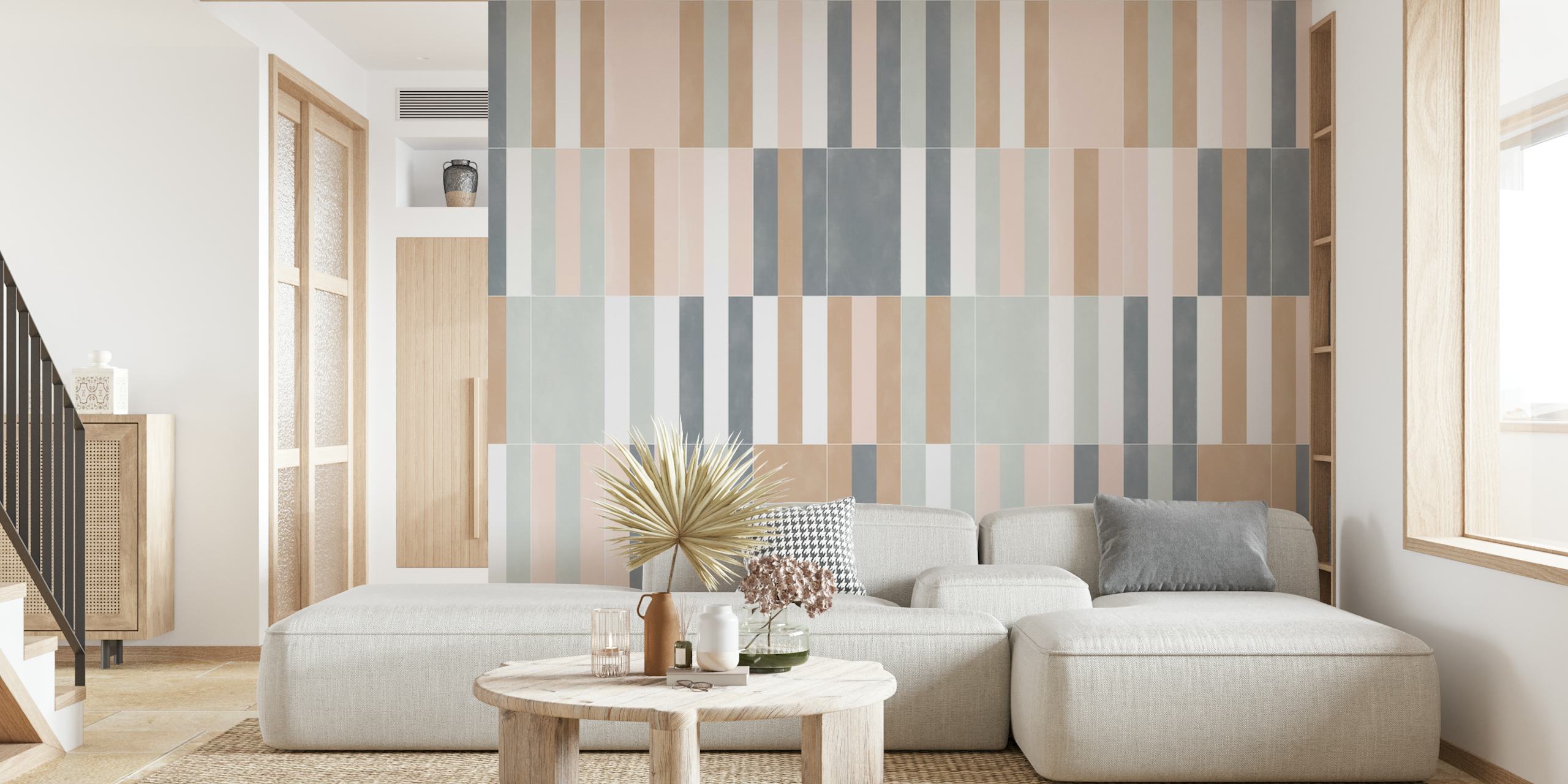 Elegant muted pastel tile pattern wall mural with soft stripes in gentle hues