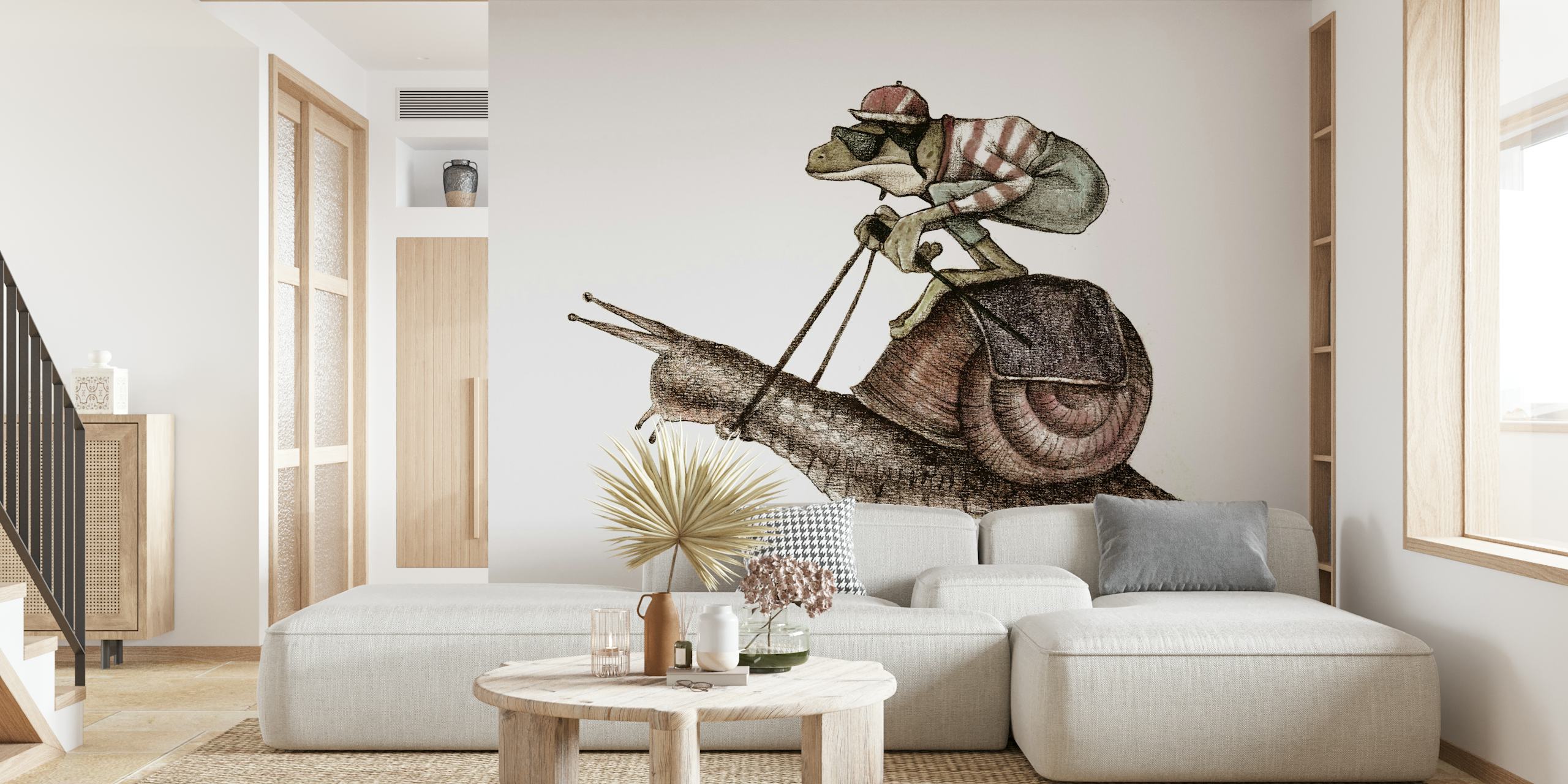 A whimsical snail racing scene with a frog on top, illustrated in soft colors, wallpaper