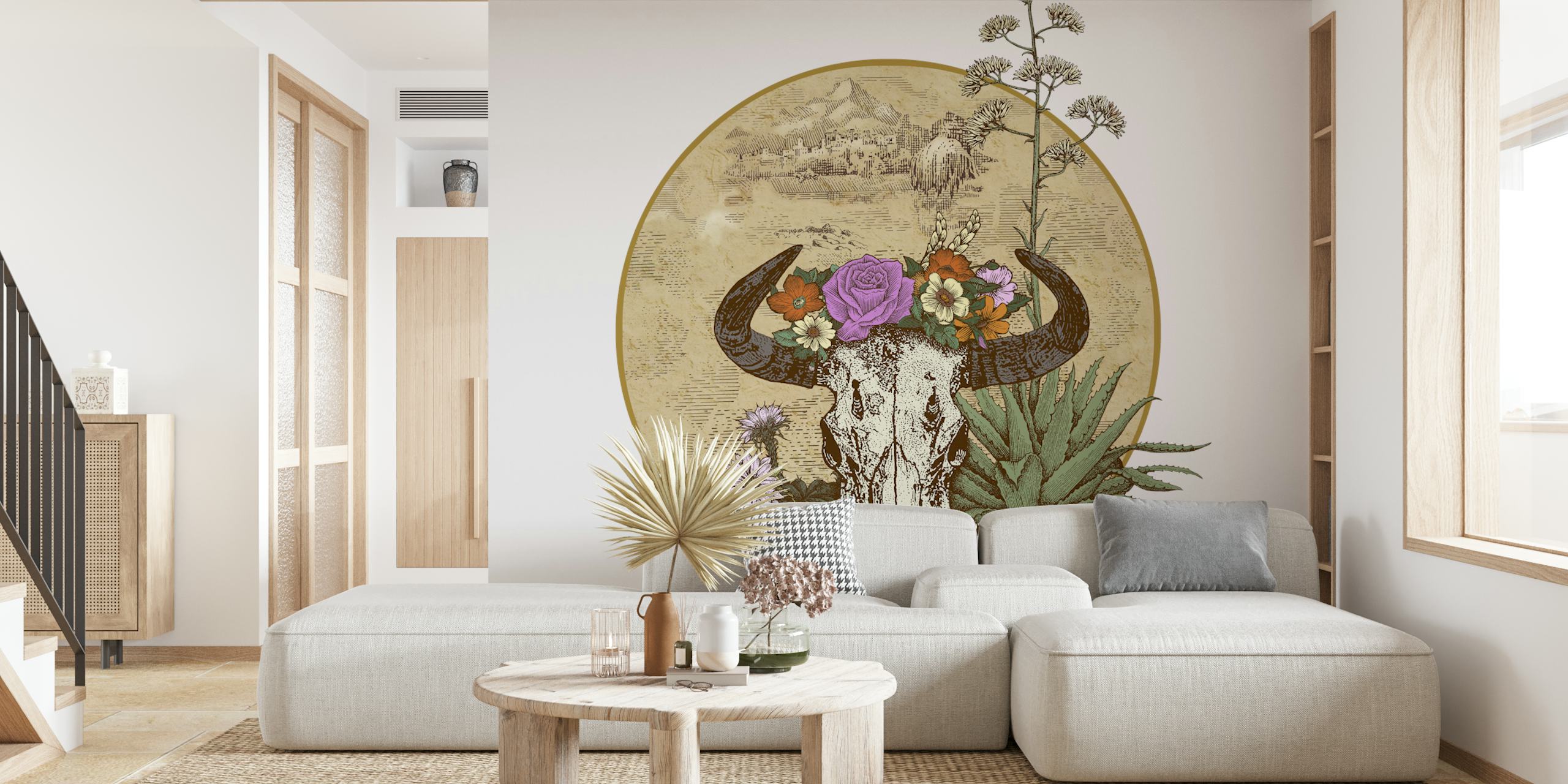 Skull with flowers and plants in front of a circular backdrop wallpaper