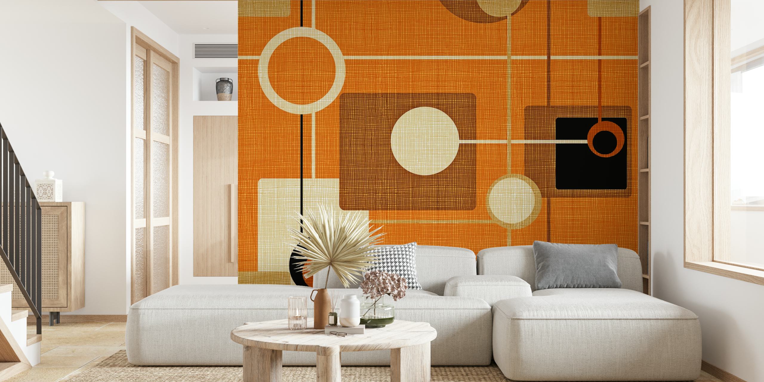 Mid-Century Style Motif tapet i orange og creme