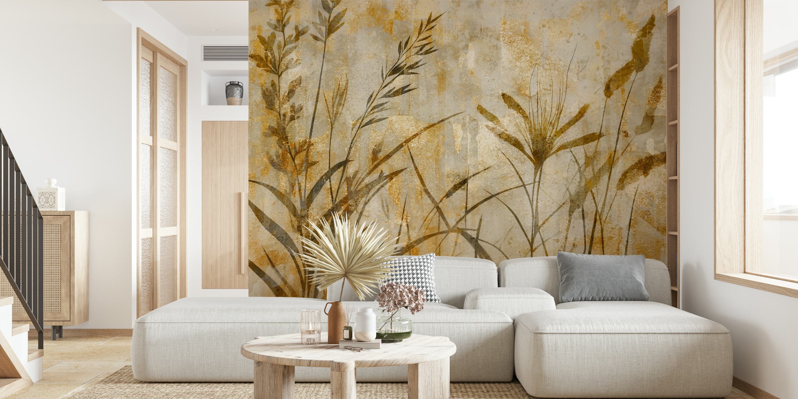 Floral silhouette pattern in gold and beige tones wallpaper