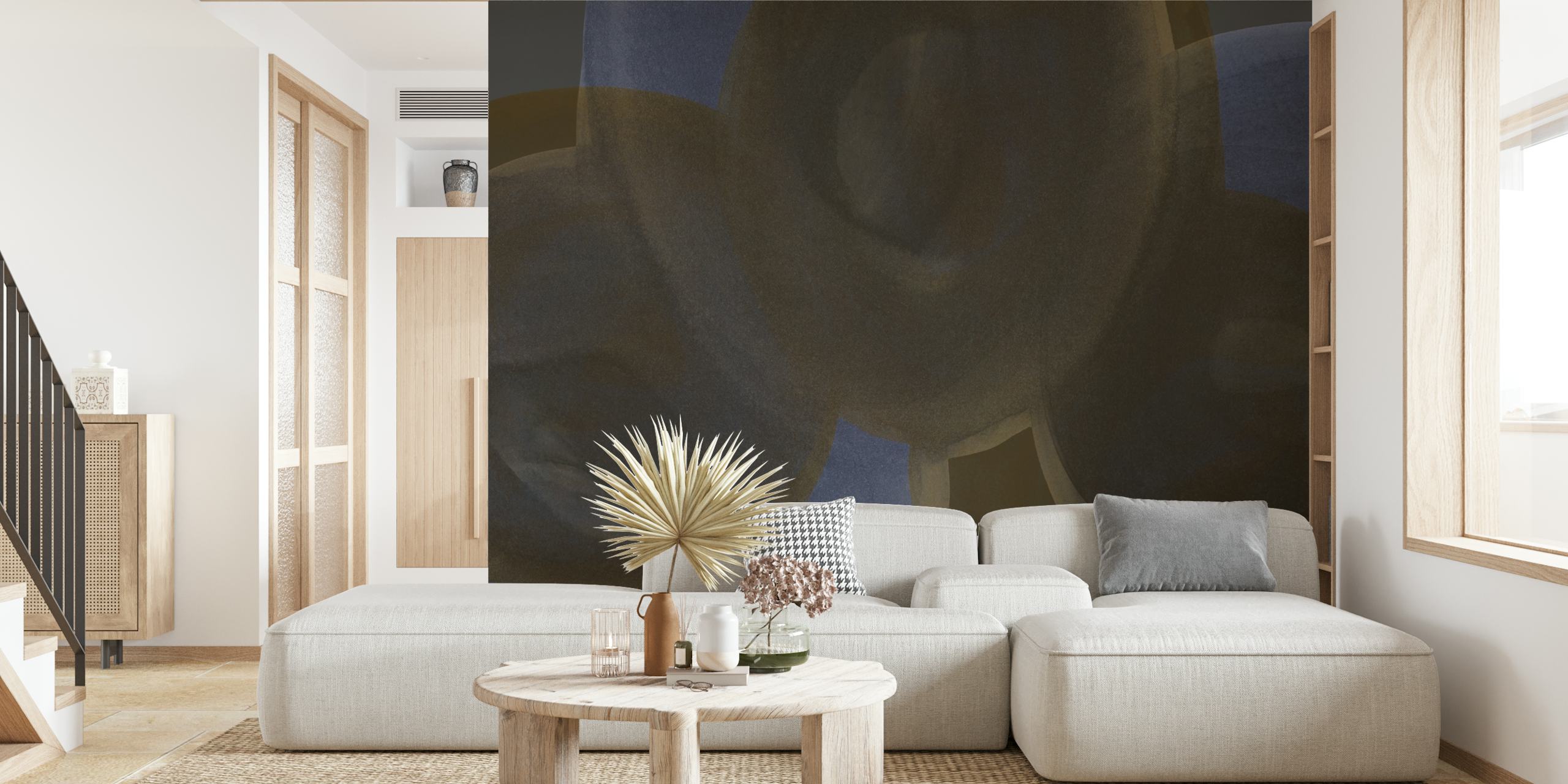 Moody blue brown organic shapes wallpaper