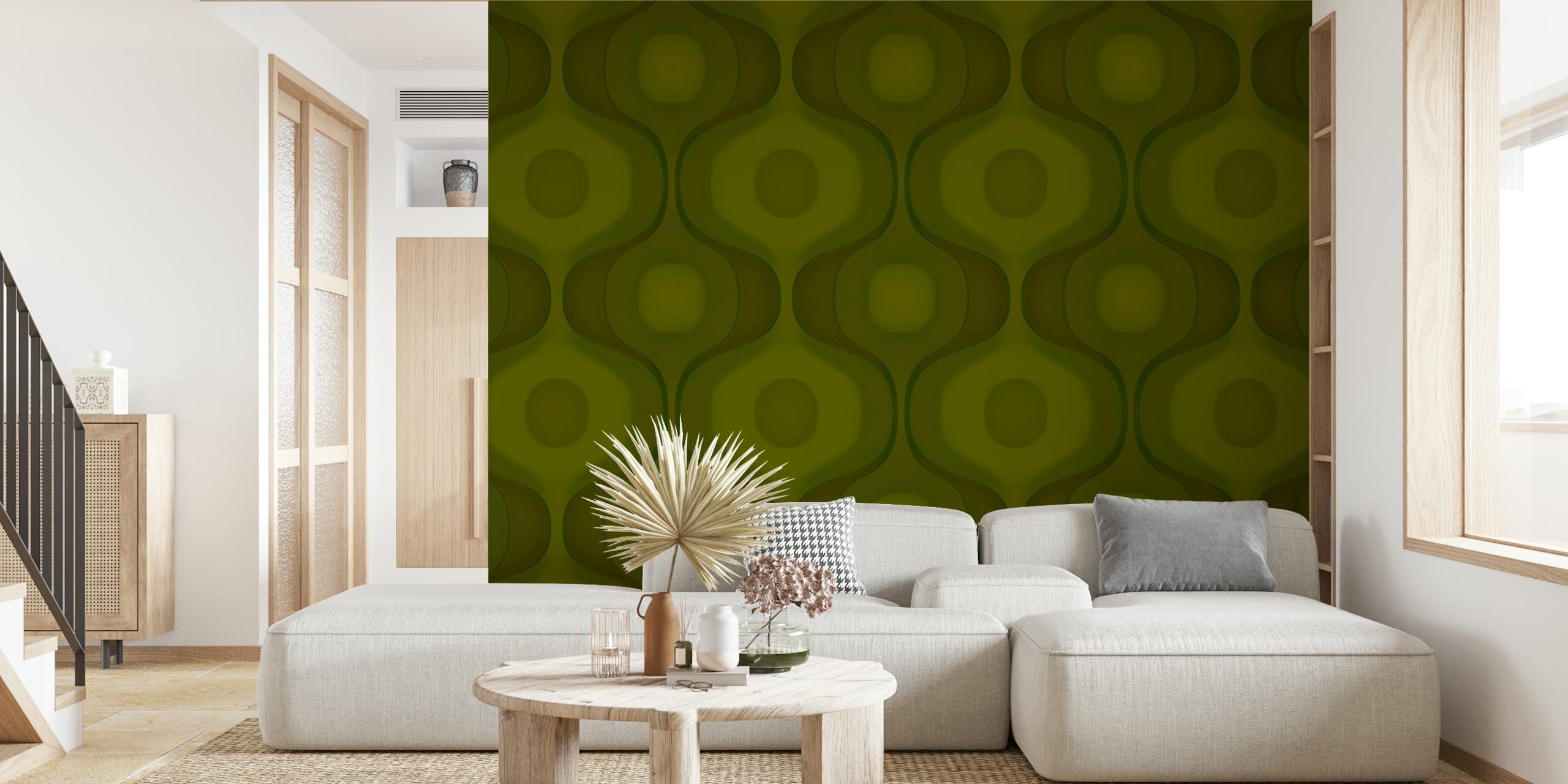 Geometric green grooves wallpaper in a room