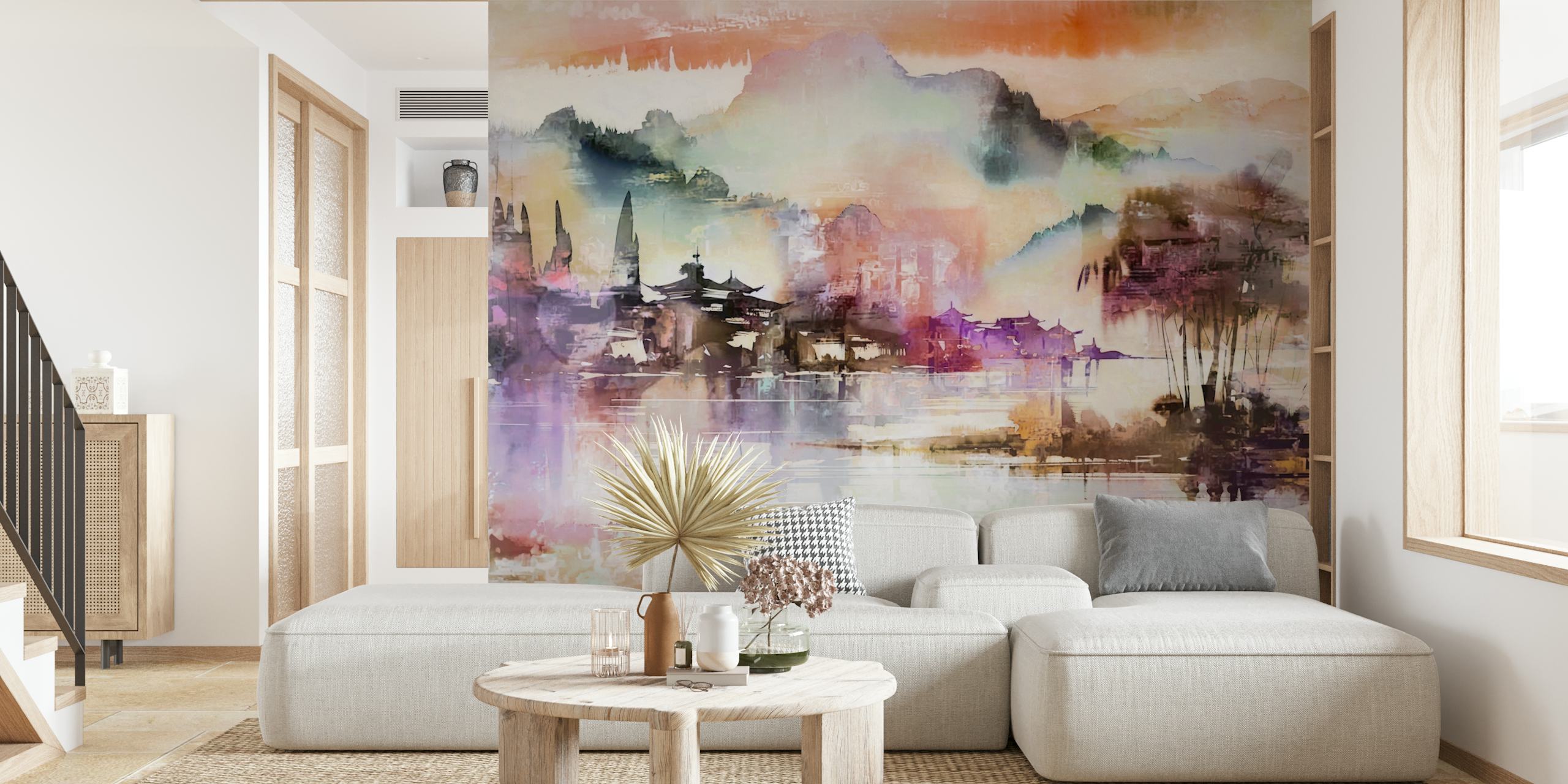 Asian landscape watercolor wallpaper with soft pastel colors
