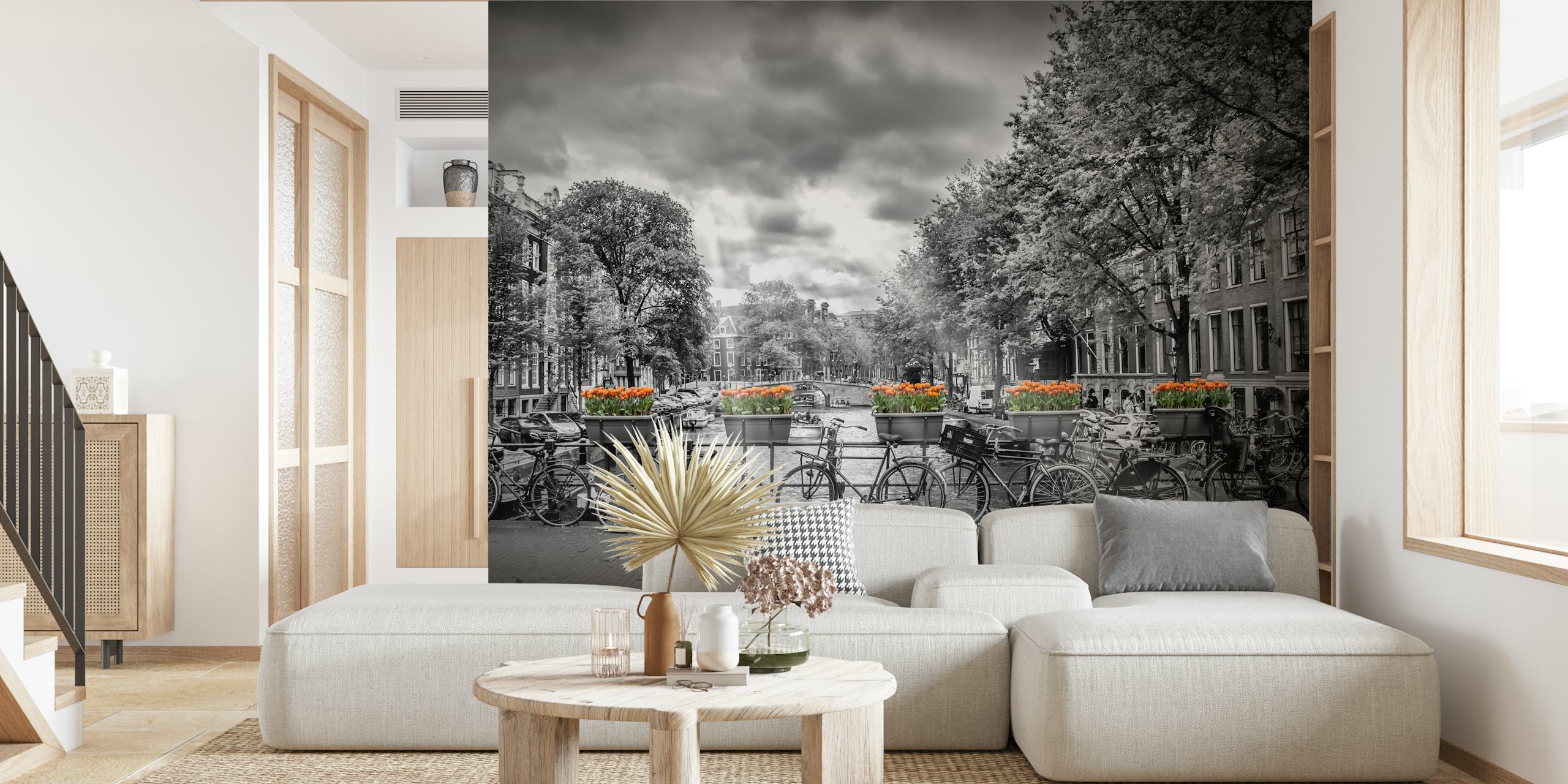 Black and white cityscape with bikes and flower pots in orange wallpaper