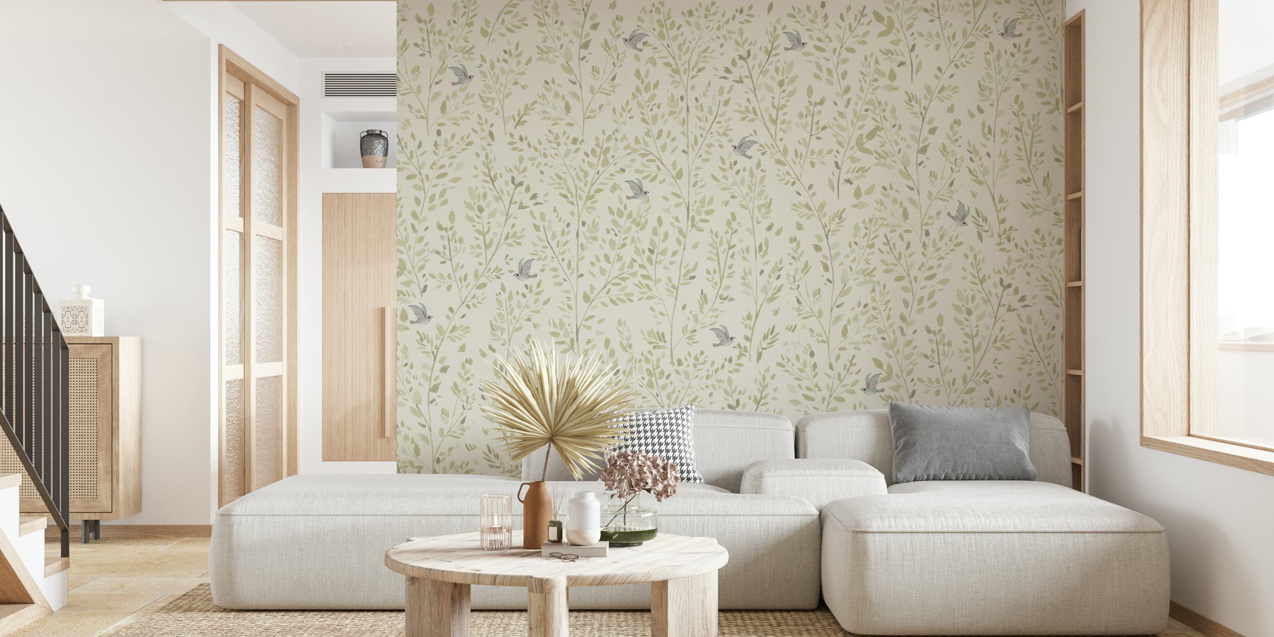 Olive and bird tapetdesign i et rom