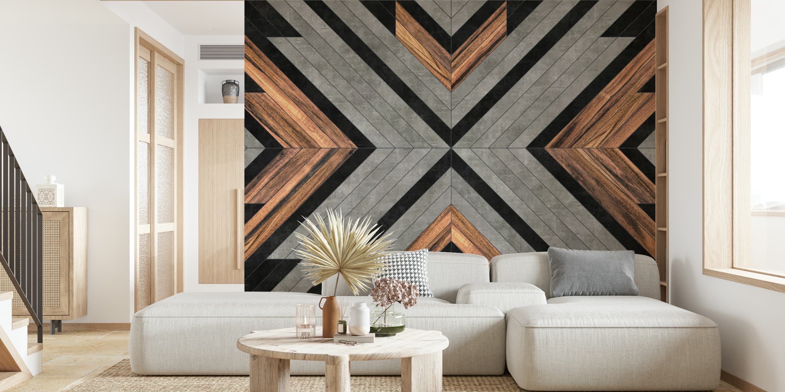 Urban Tribal Pattern No 2 wall mural featuring geometric shapes in black, white, and wood tones