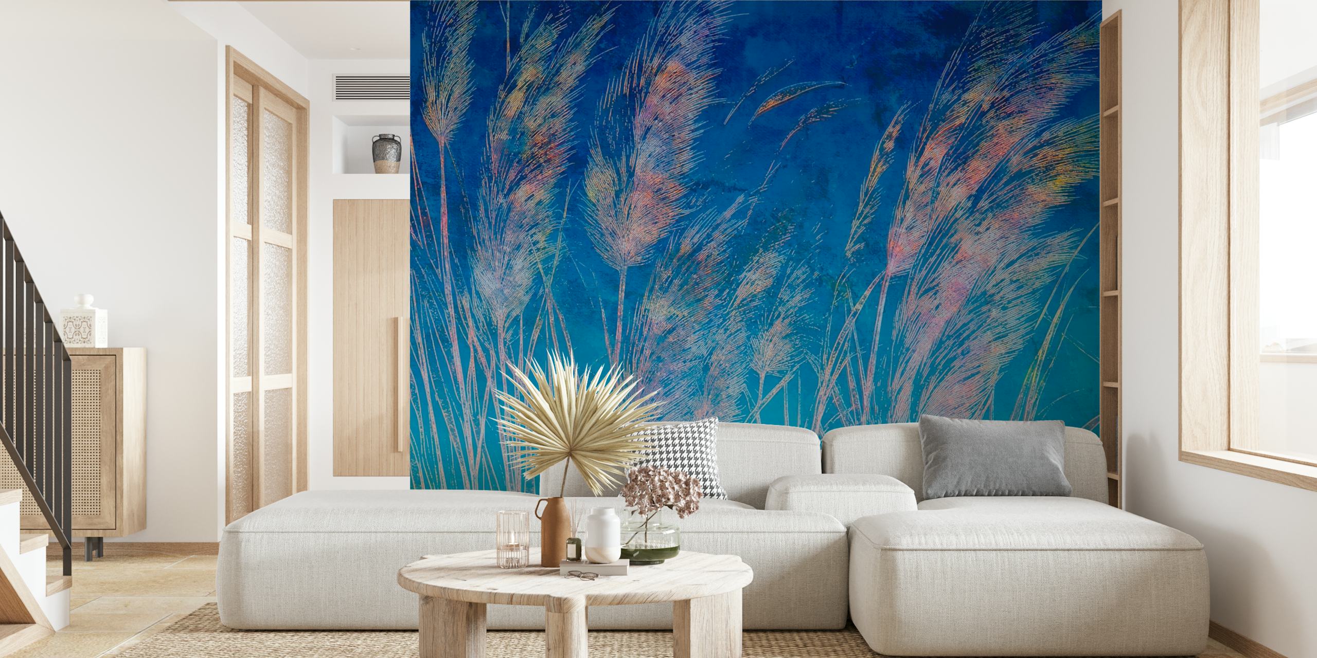 Pampas grass in pastel colors on a blue background wallpaper