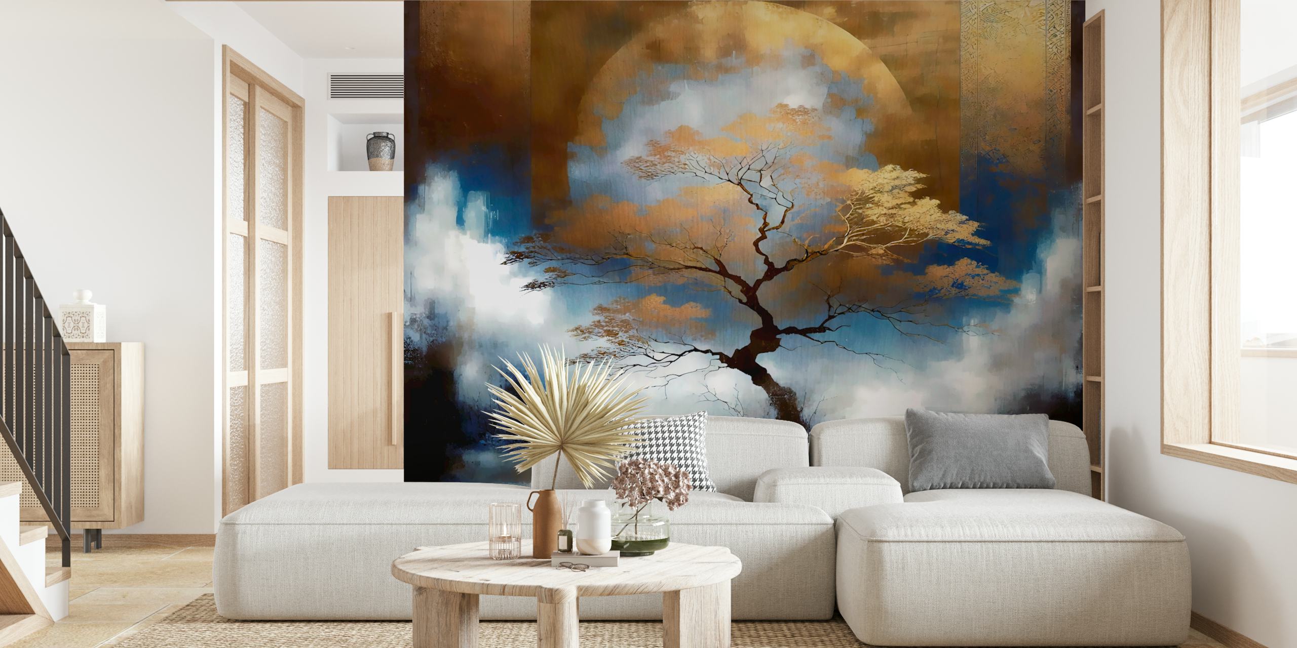 Silhouetted tree against a blue and gold night sky wallpaper