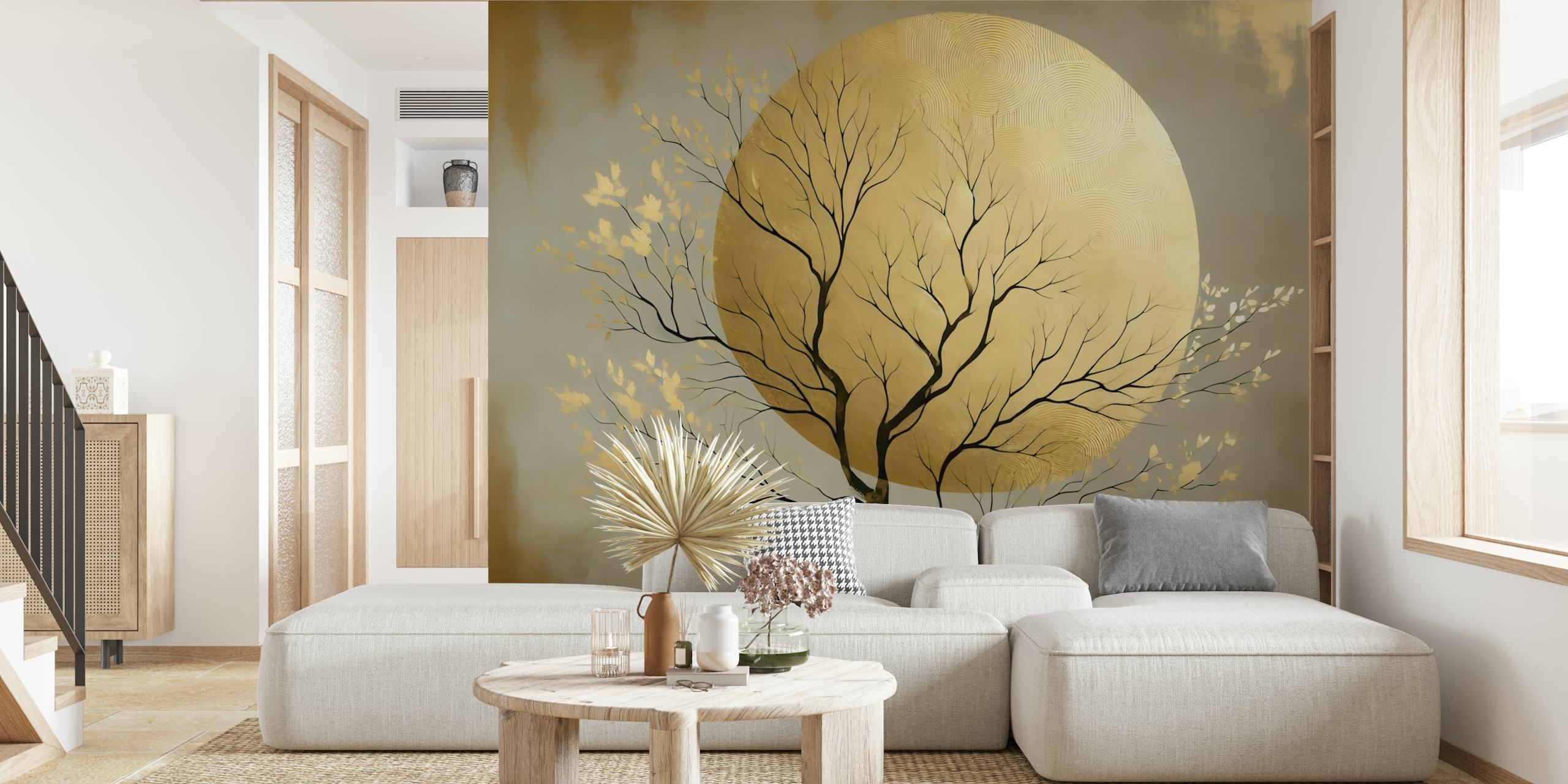 Black tree branches with gold leaves against a golden moon wallpaper