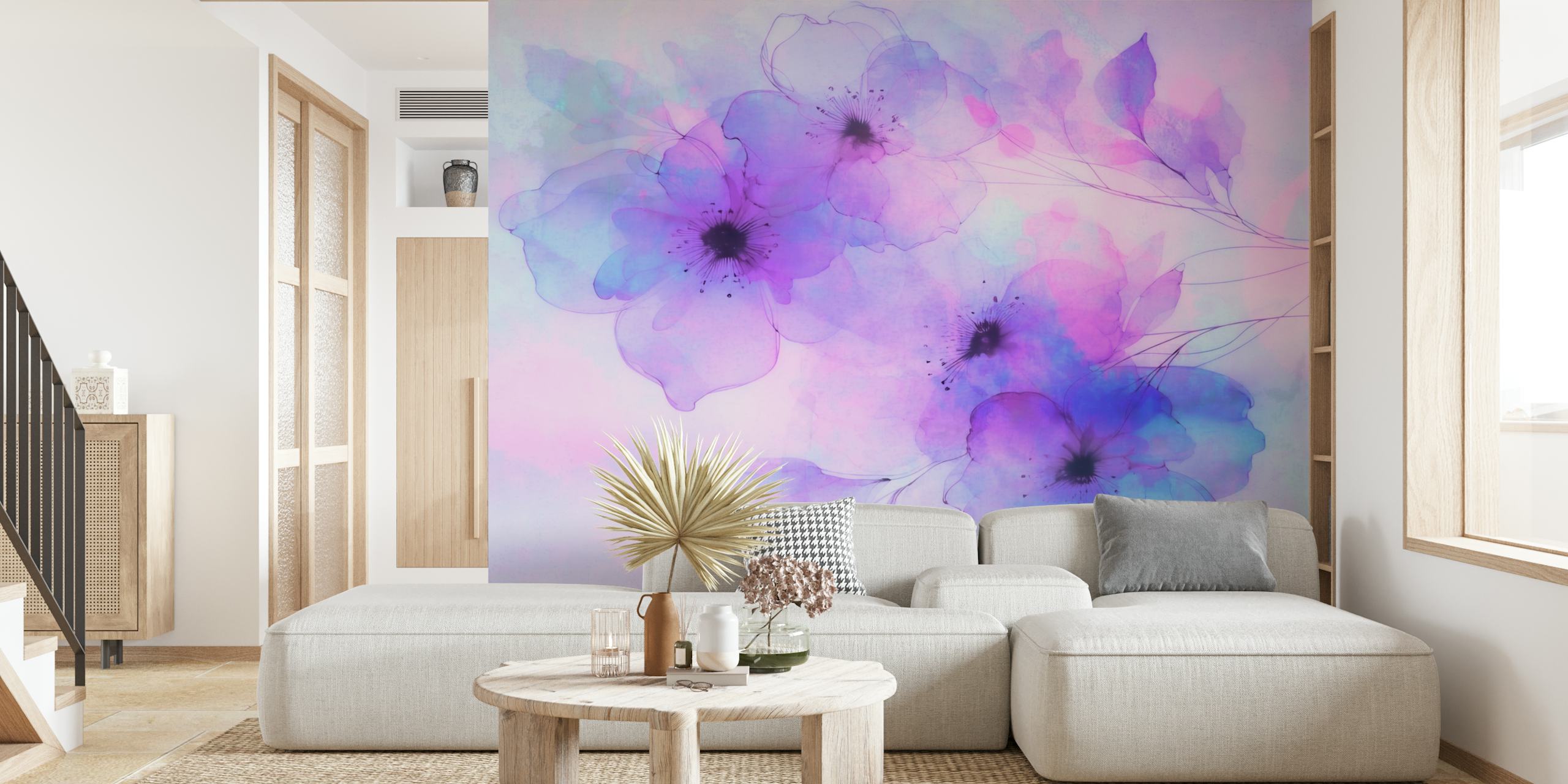 Purple translucent flowers with black centers on a soft pastel background wallpaper