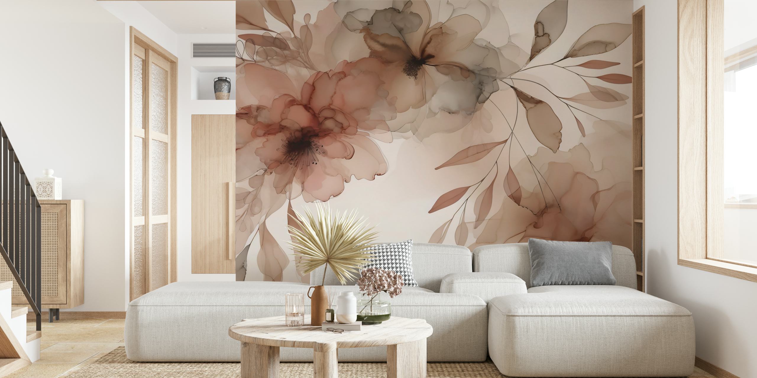 Translucent flower art wallpaper in a room
