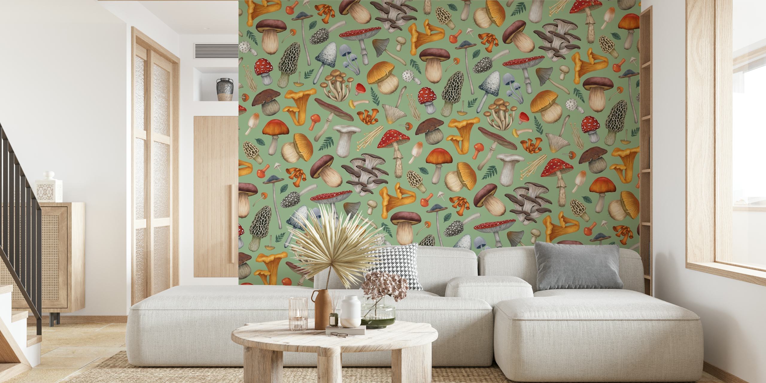 Colorful mushrooms and fungi in various shapes on a green background wallpaper
