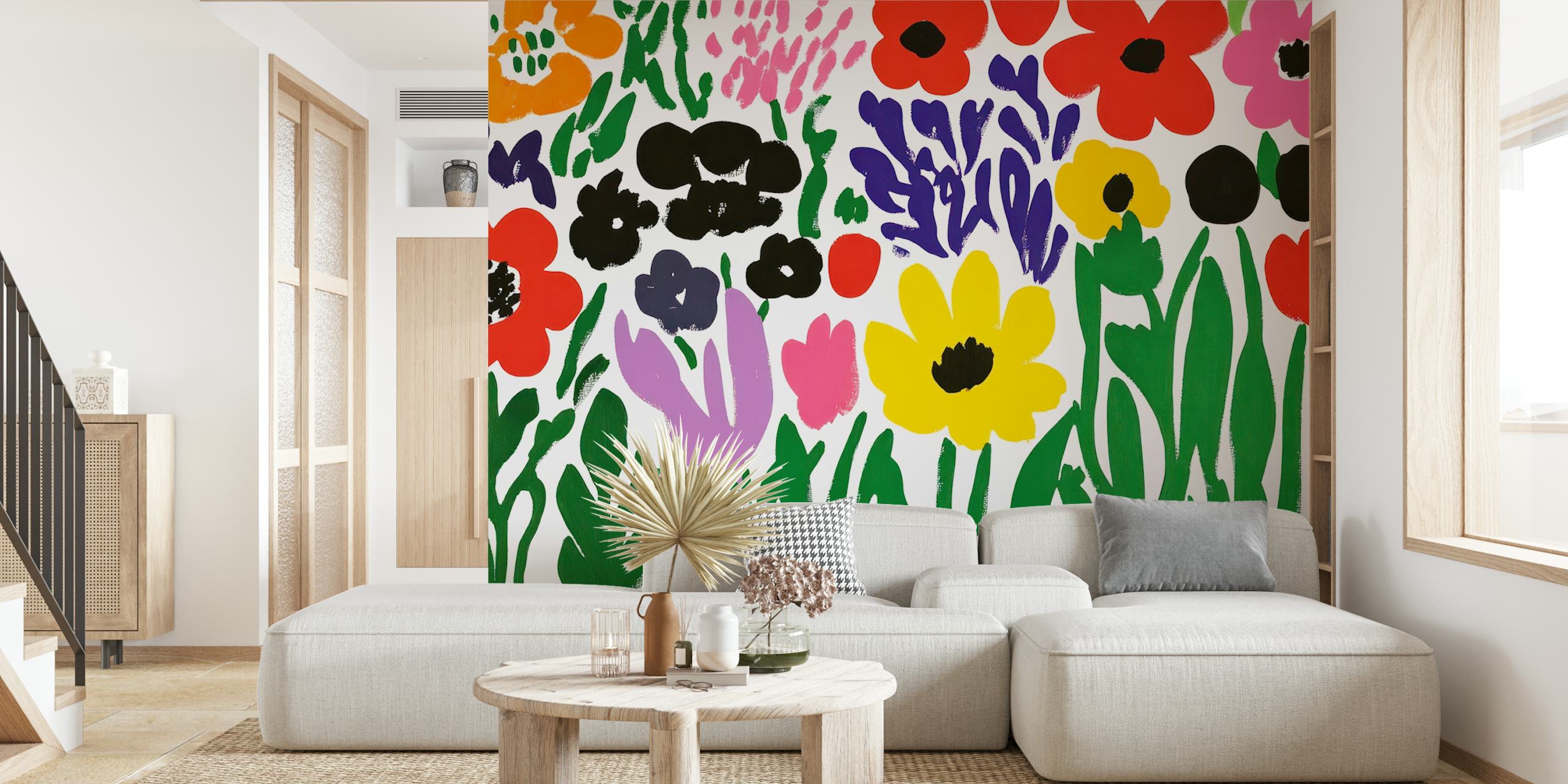 Bold Matisse inspired flower wallpaper in a room