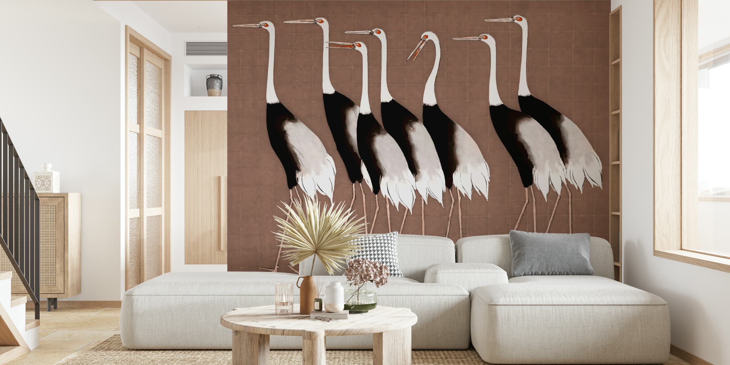 Japan Cranes on Mocha Mousse wallpaper design