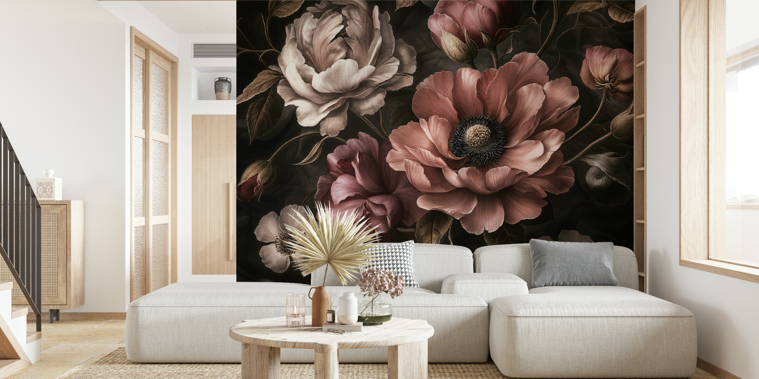 Moody Midnight Victorian Flowers wallpaper in a room