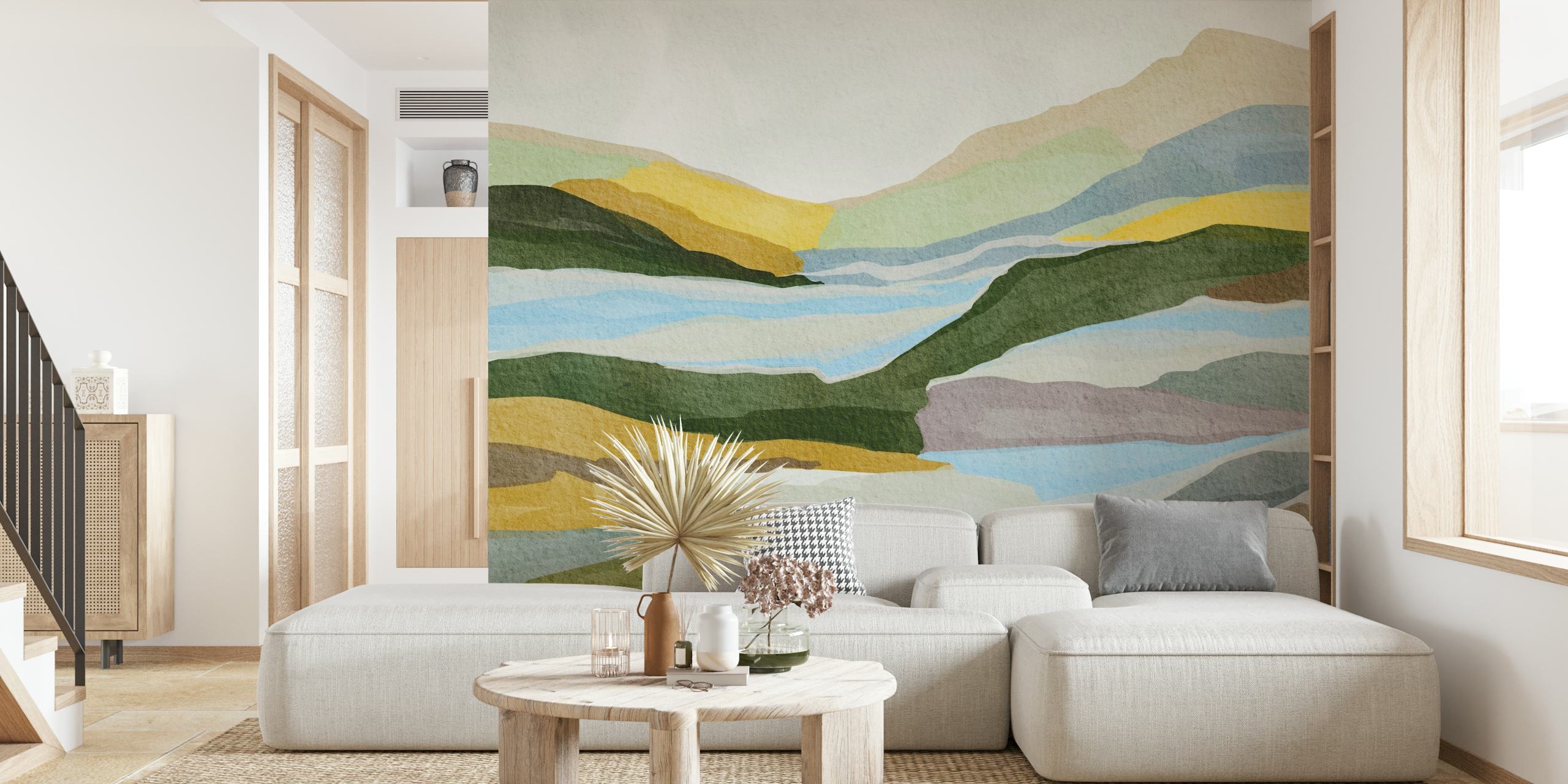 Soothing landscape wallpaper in a room