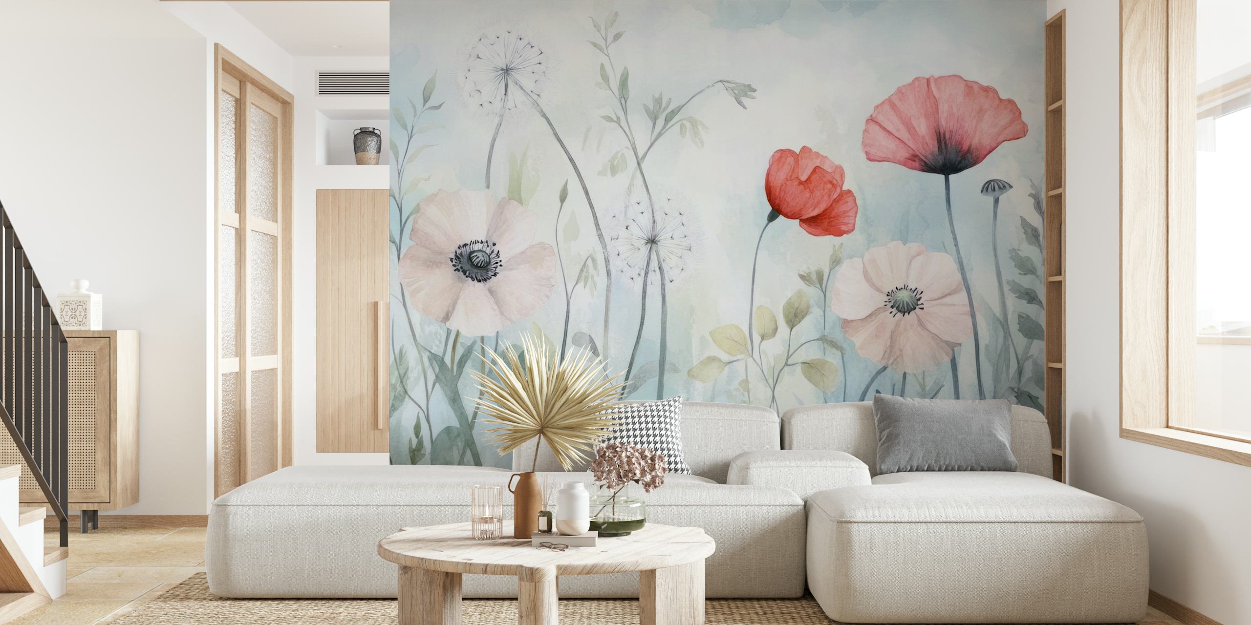 Soft pink and white flowers with greenery in watercolor style wallpaper