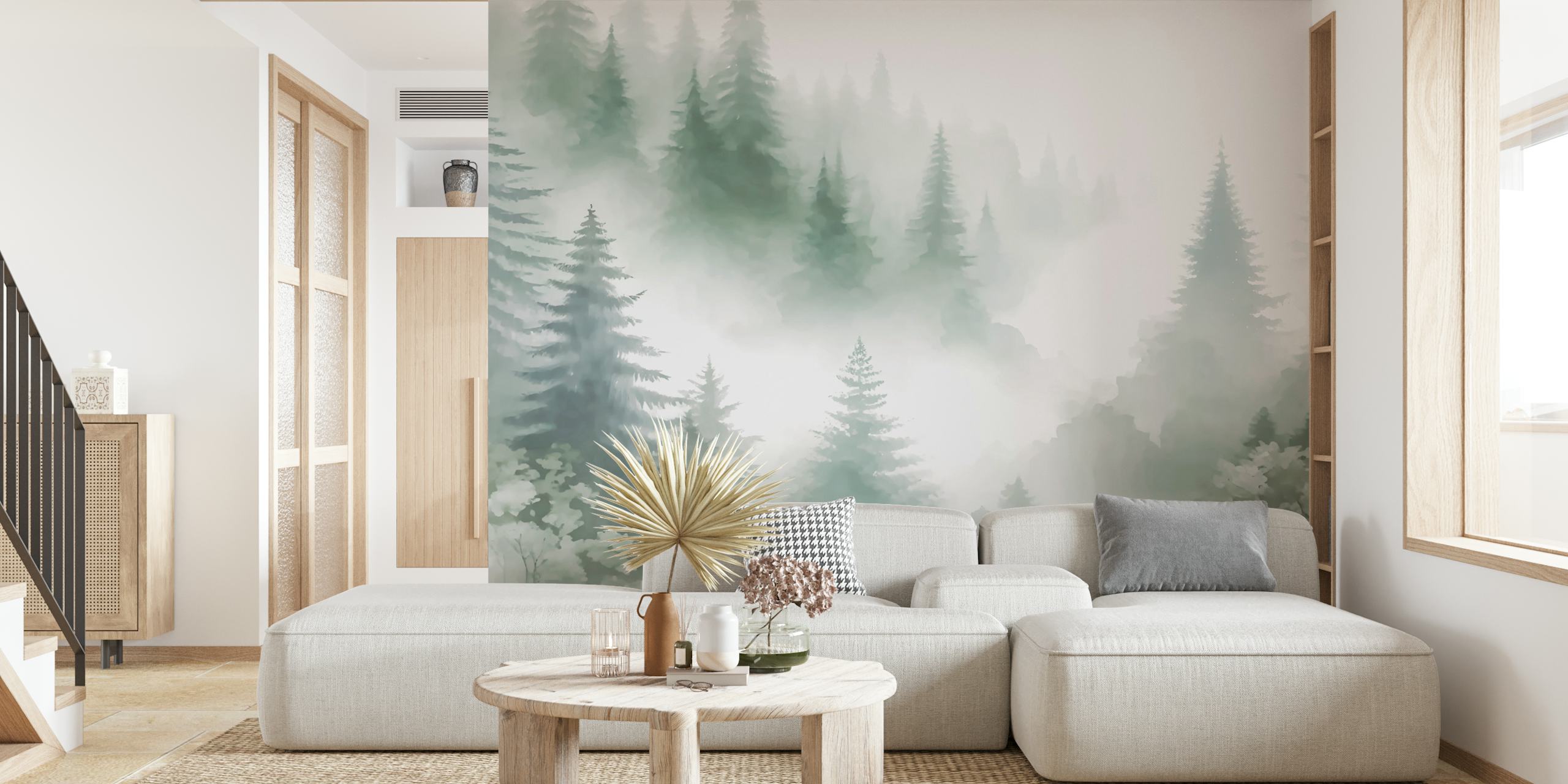 Misty Pine Forest Peaks wallpaper in a room