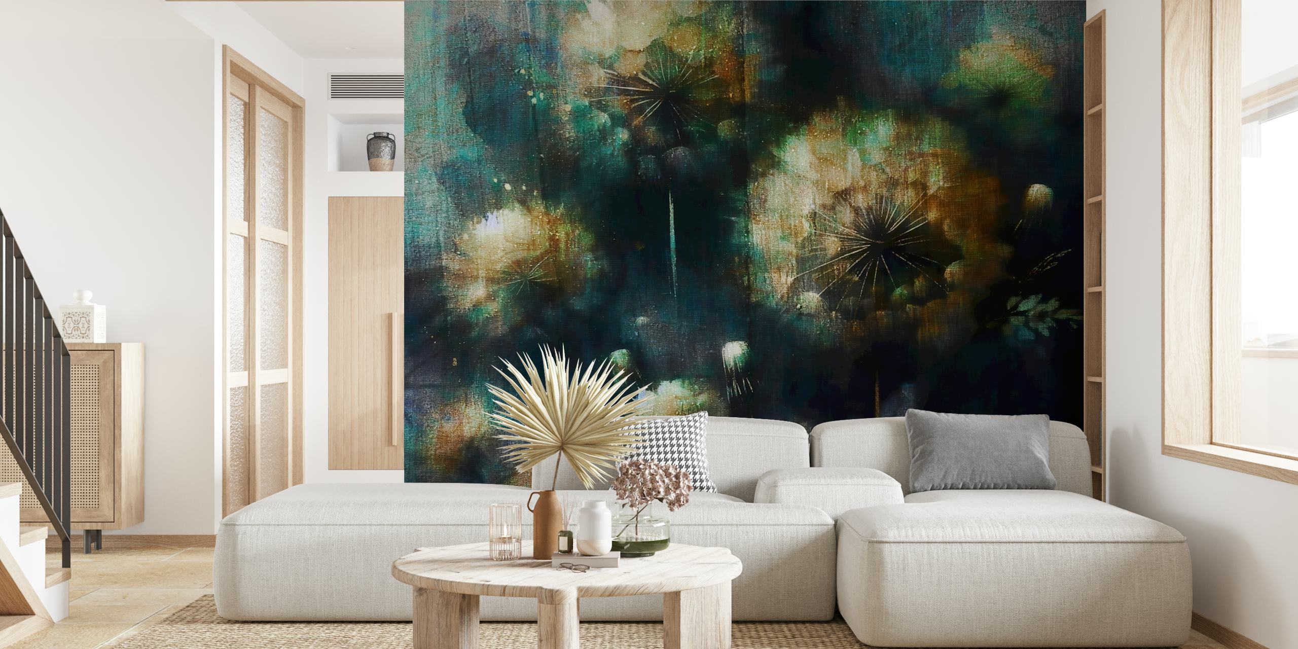 Dark dandelion wallpaper with floral motifs in hues of teal and brown