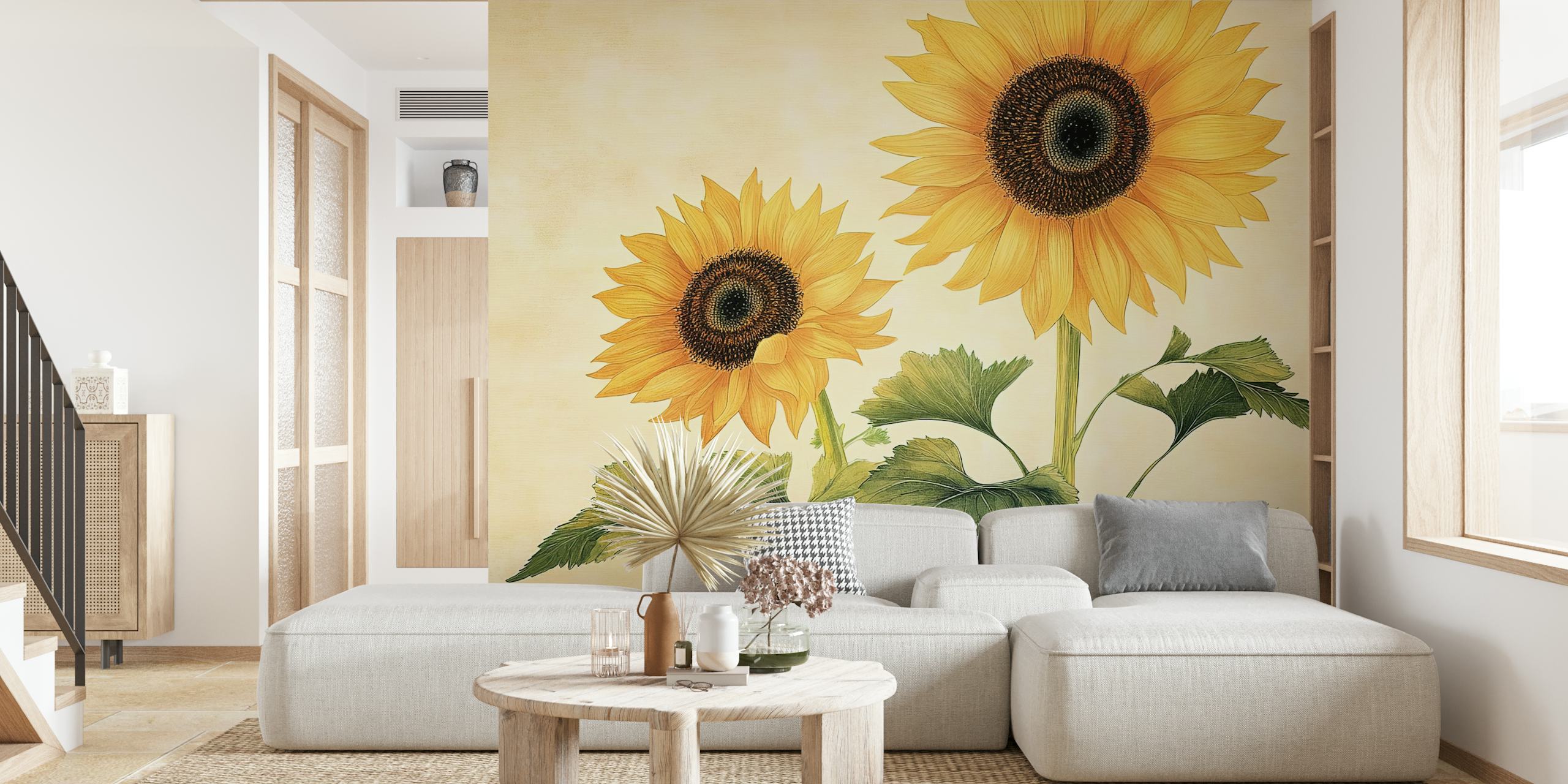 Tapeta Macro Sunflowers zaprezentowana w pokoju
