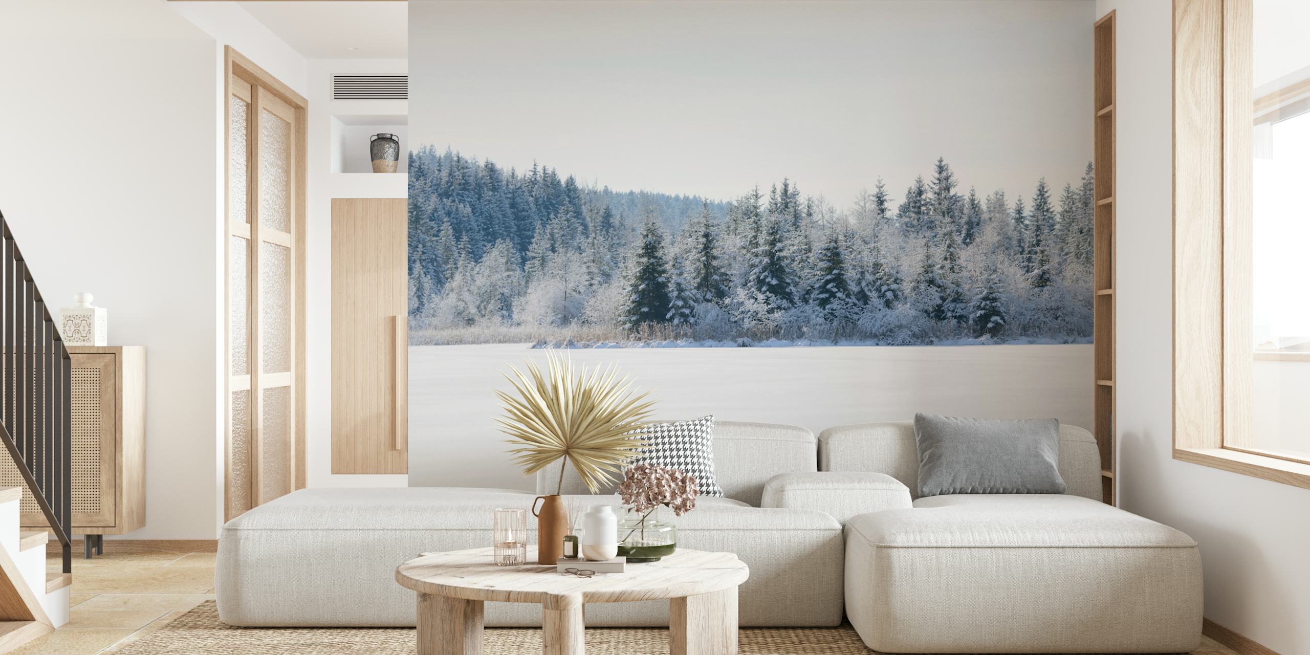 Snowy pine trees wallpaper in a room