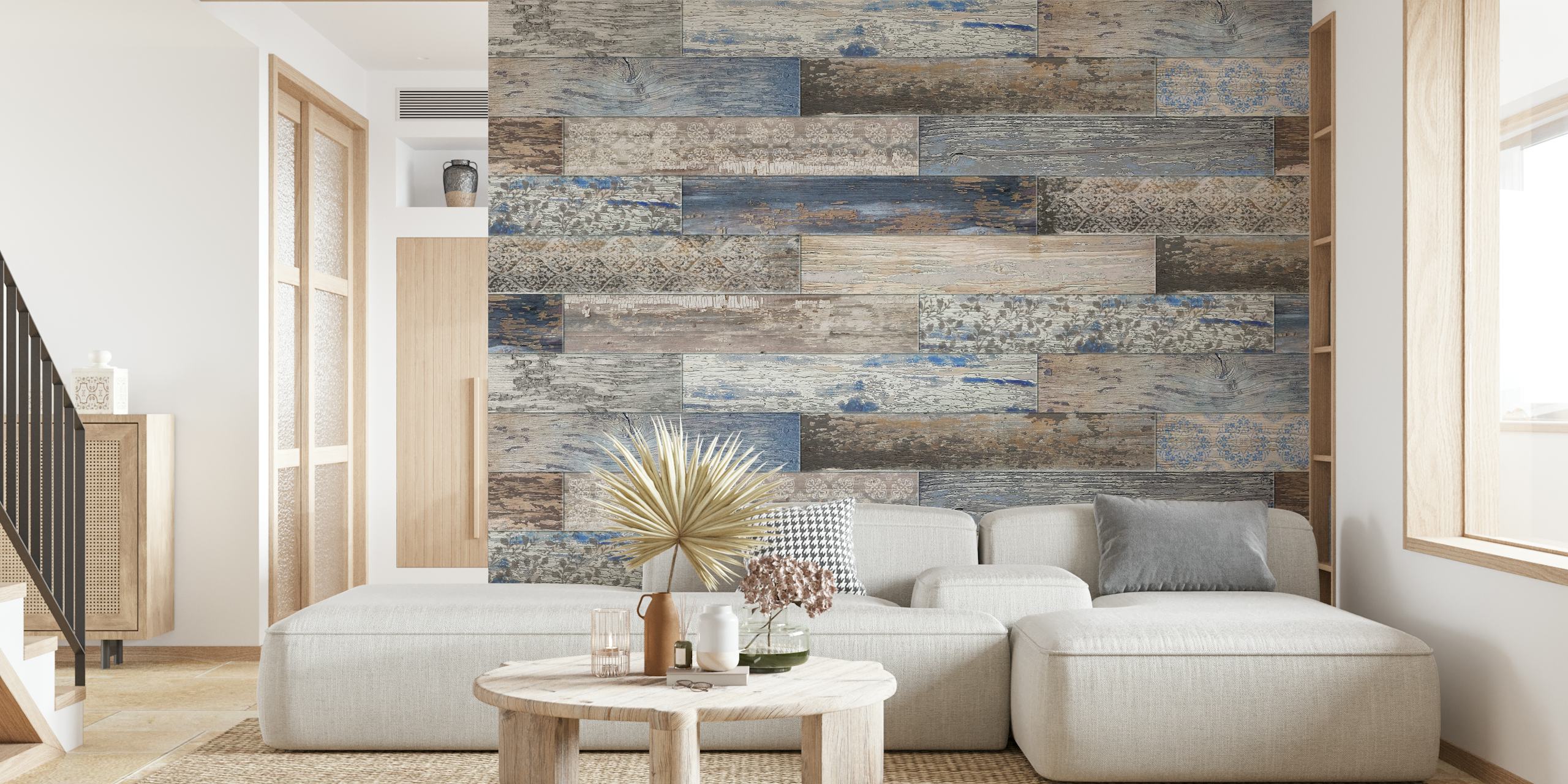 Vintage Wood Tiles Capri Blue τοίχου με ρουστίκ φθαρμένες σανίδες σε αποχρώσεις του μπλε και του καφέ.