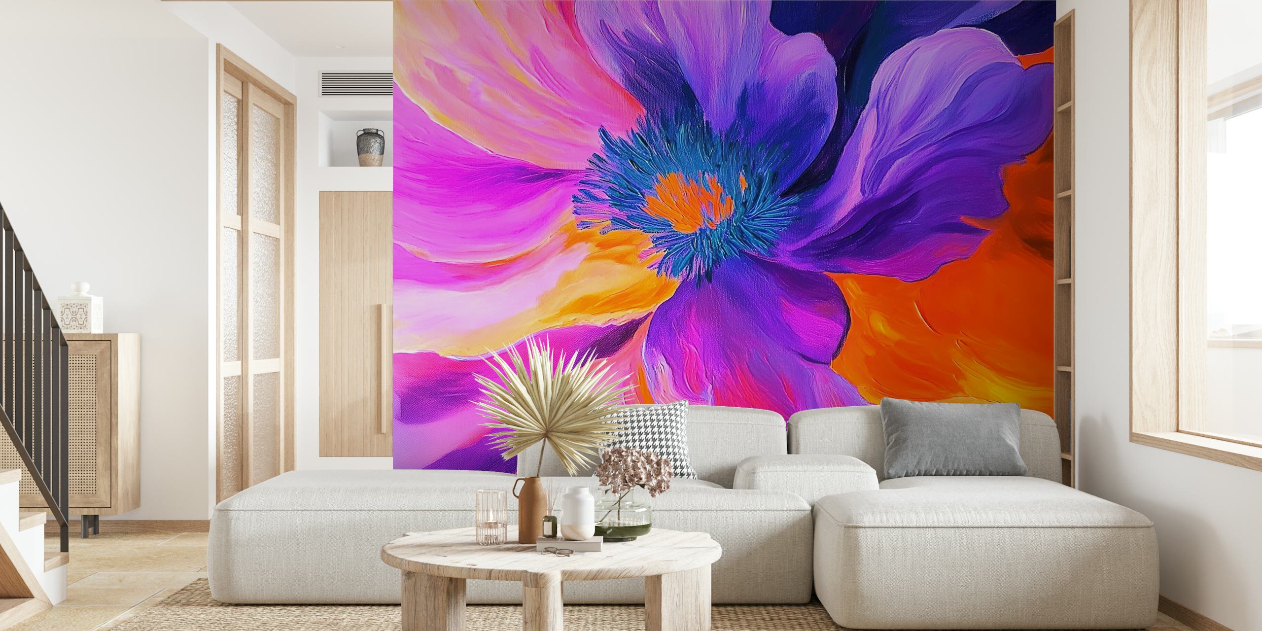 Groot paarse en oranje bloem met diepe details, abstracte kunst wallpaper