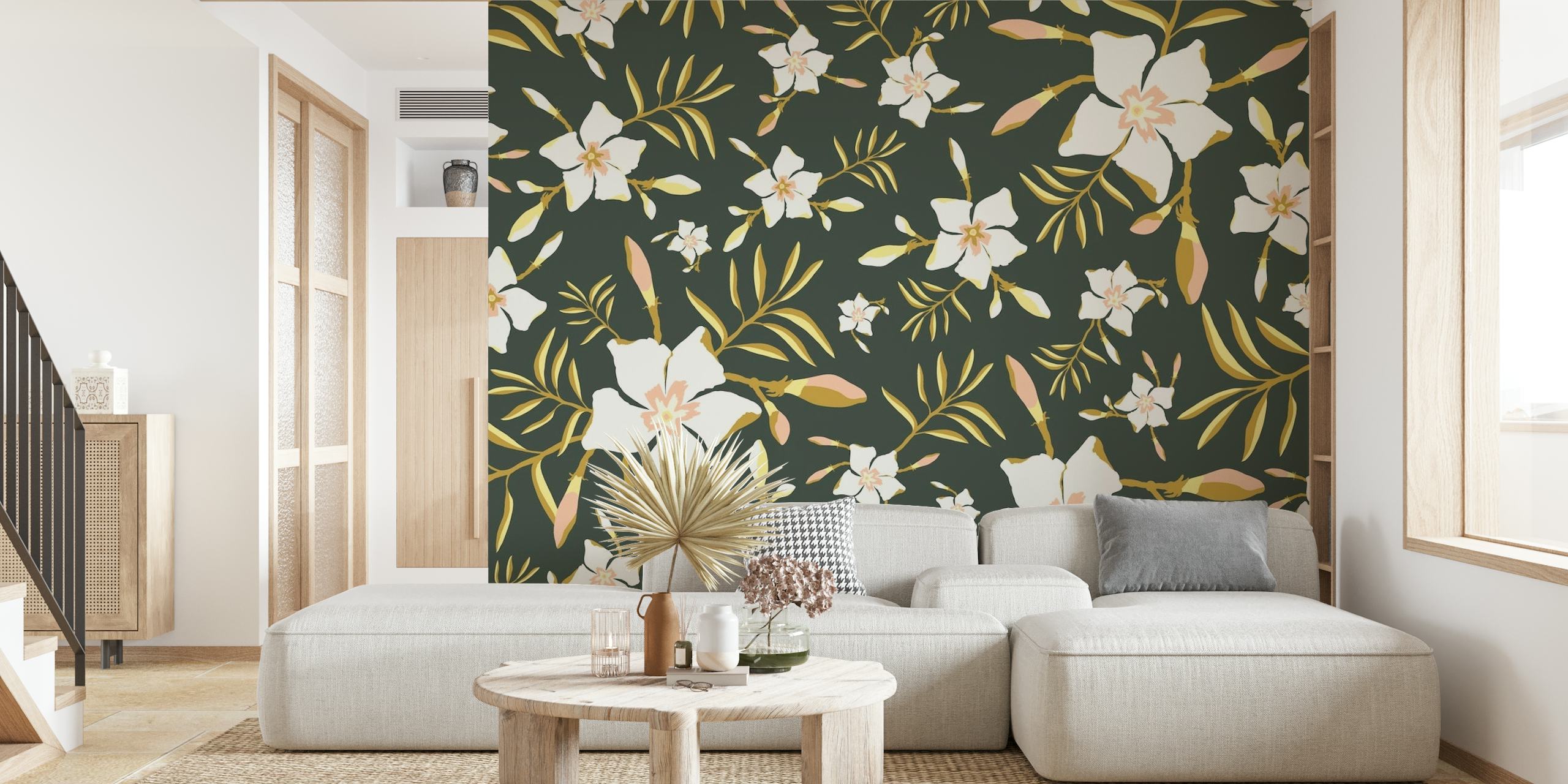 Tropical Floral Green wall mural with lush foliage and white flowers on a dark background