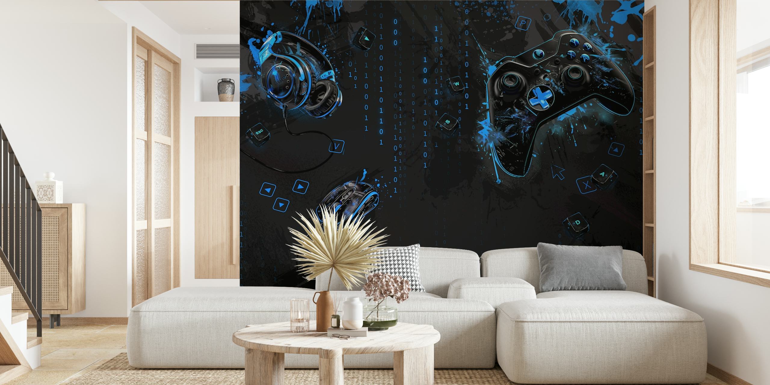 Gaming controller, mouse, and headphones on black background, blue details, digital style wallpaper