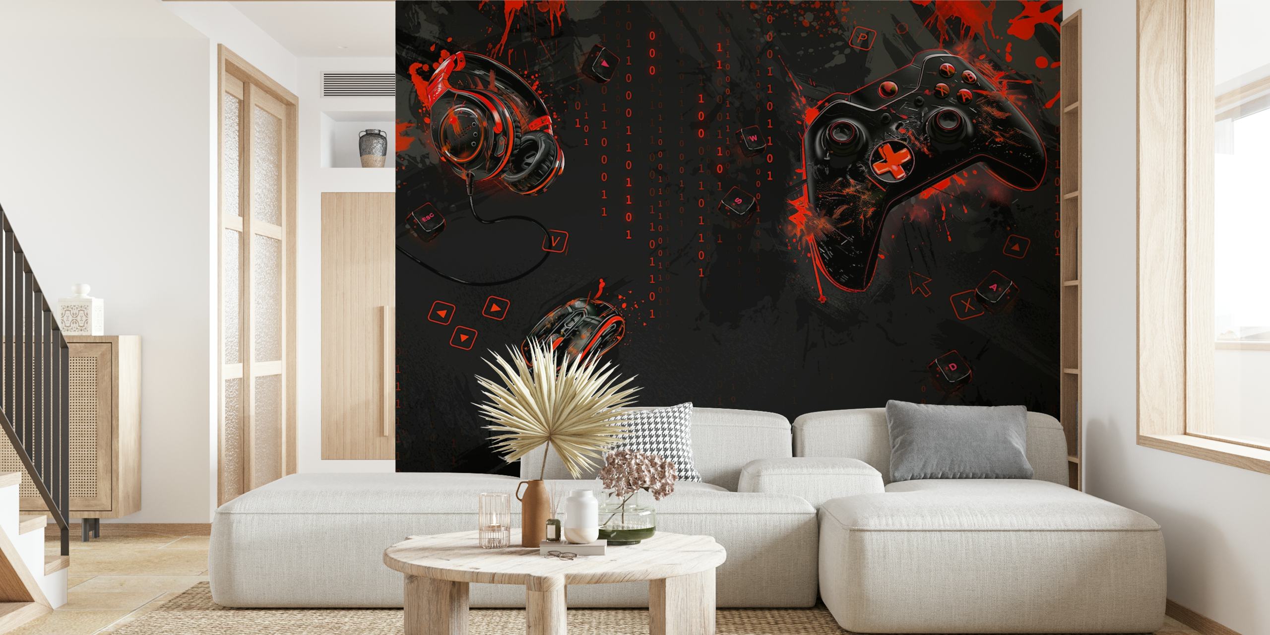 Gaming equipment including a headset, controller and mouse in red and black colors on a wall mural