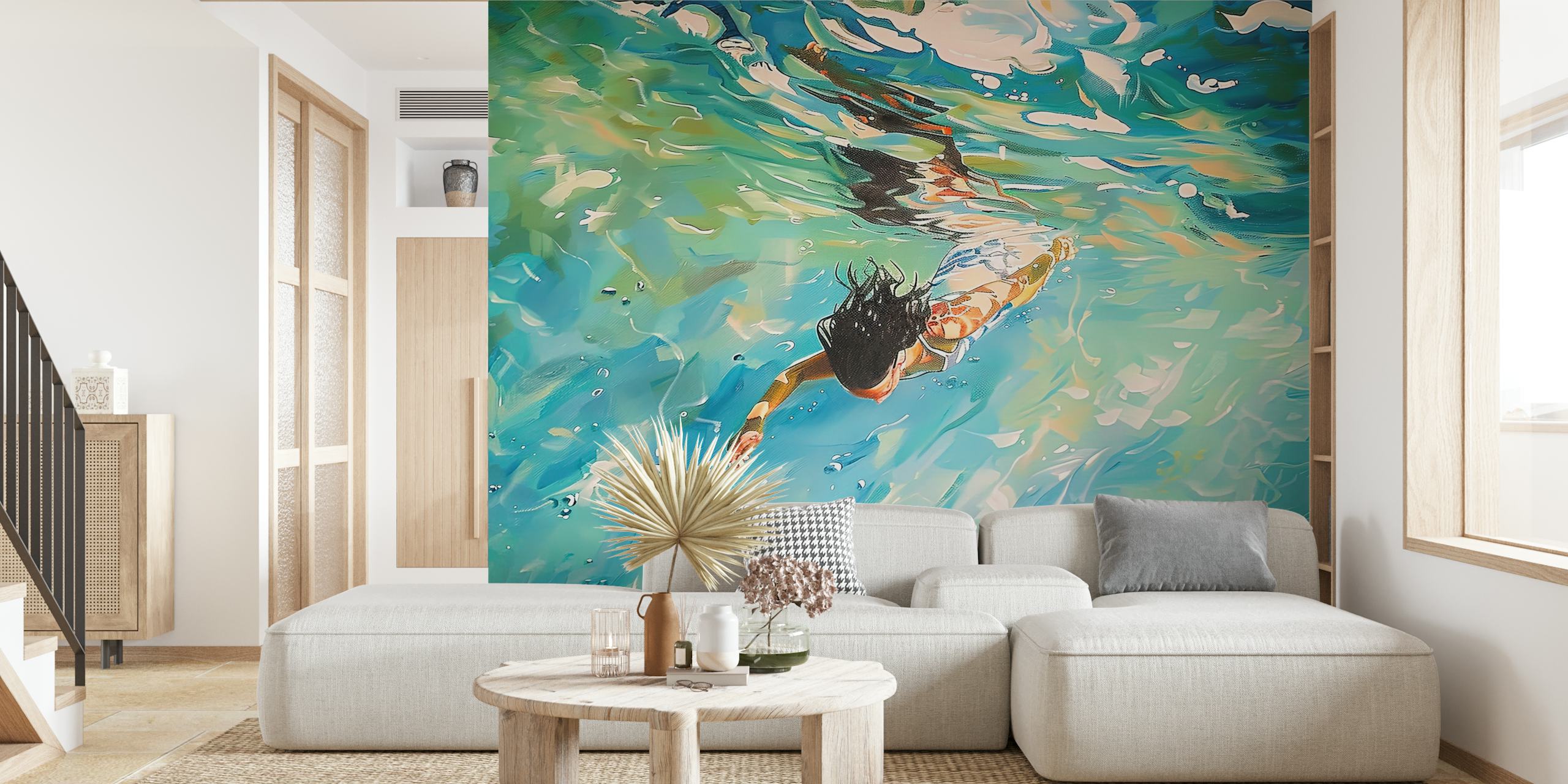 A person swimming underwater surrounded by turquoise and aqua tones abstract wallpaper